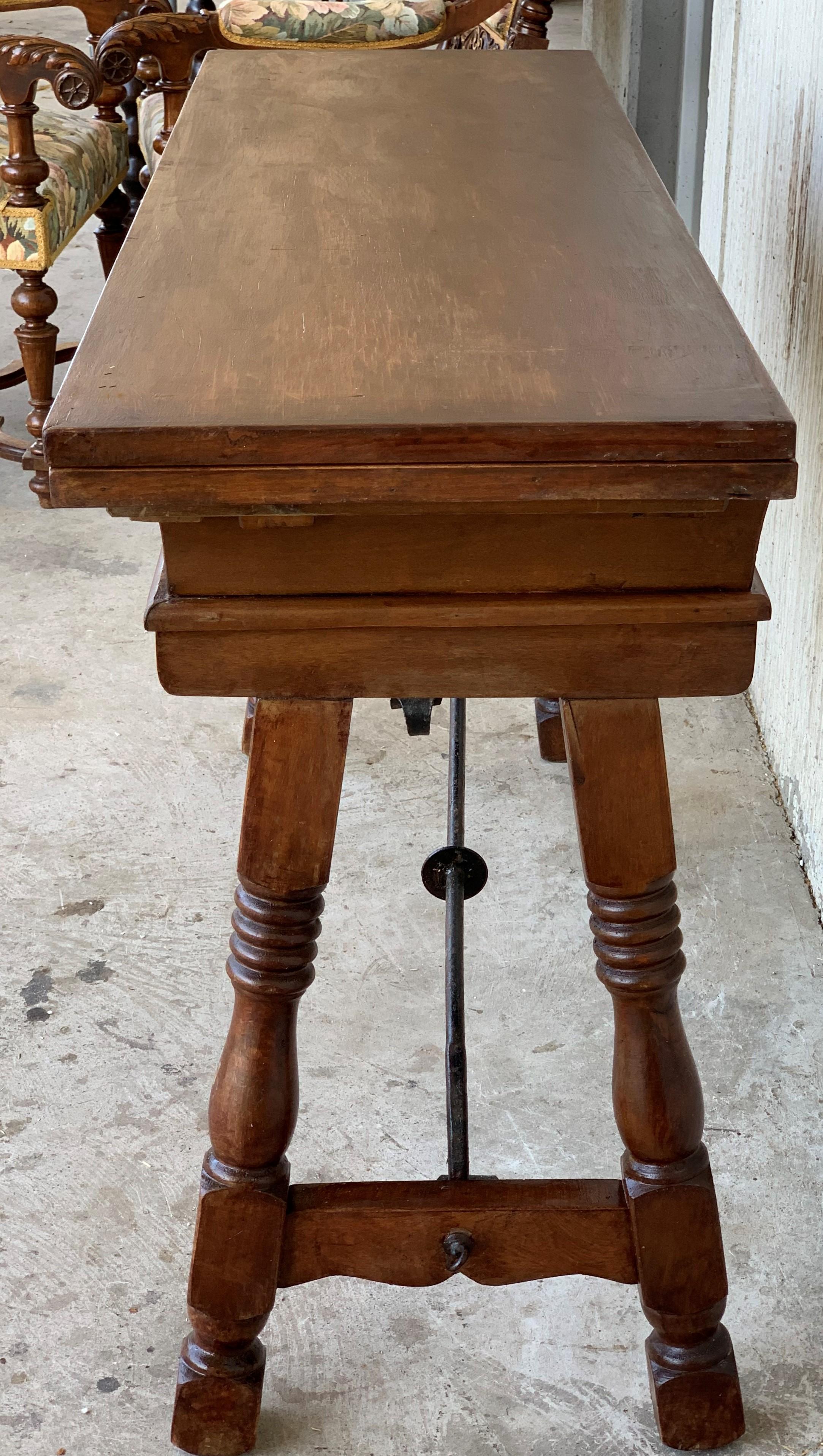 20th Century Spanish Console Fold Out Table with Iron Stretcher and Two Drawers 6