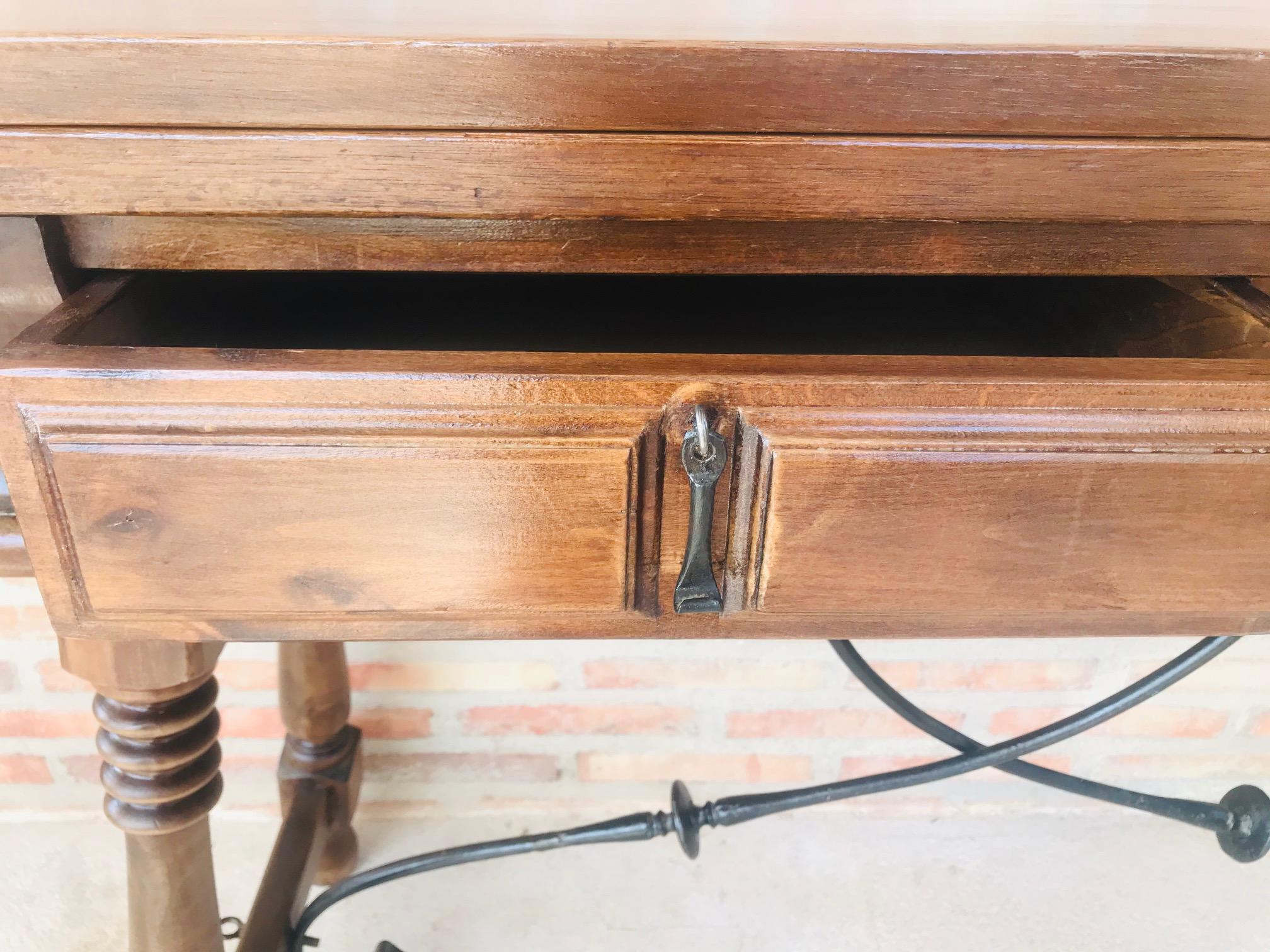 20th Century Spanish Console Fold Out Table with Iron Stretcher and Two Drawers For Sale 9