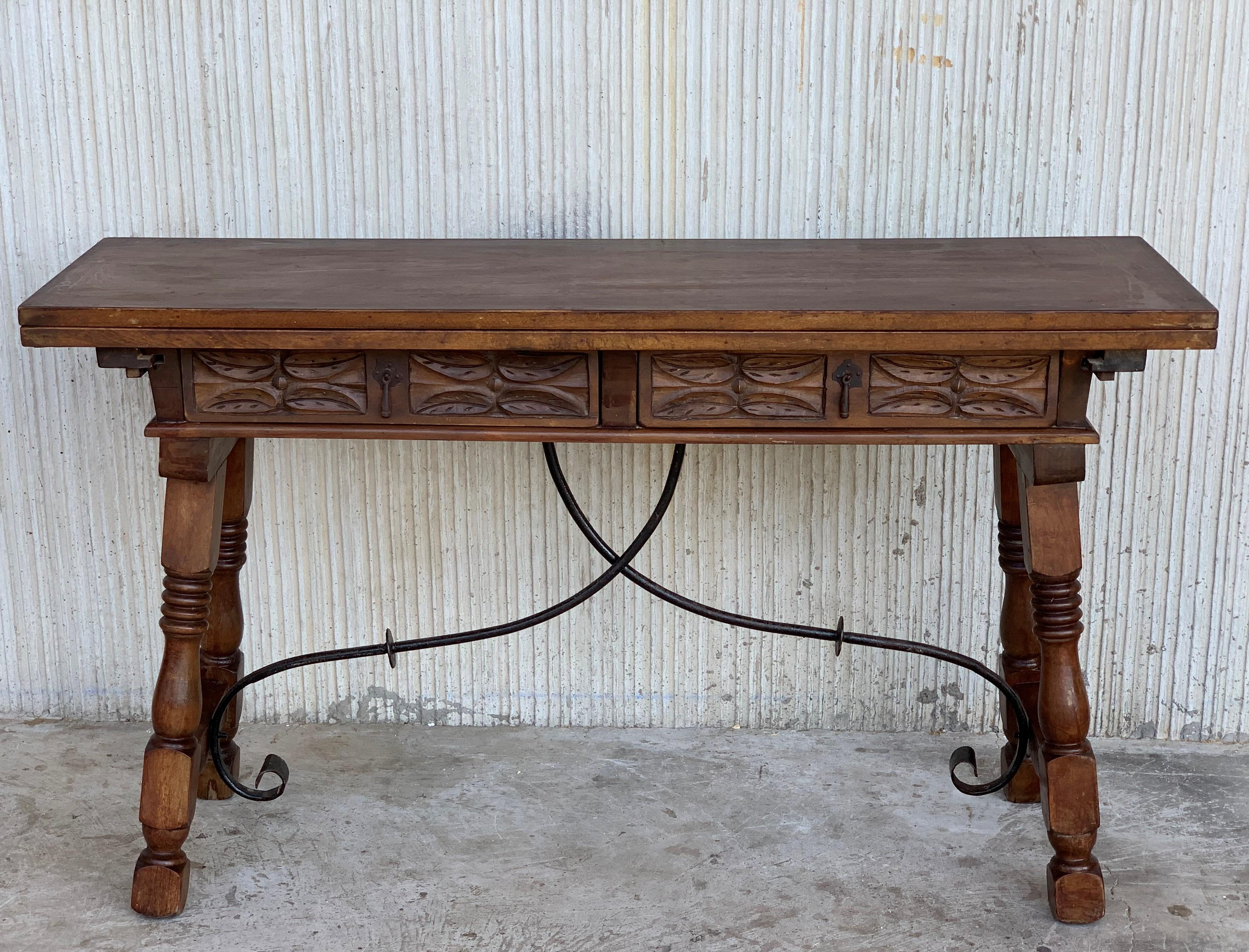 Spanish Colonial 20th Century Spanish Console Fold Out Table with Iron Stretcher and Two Drawers