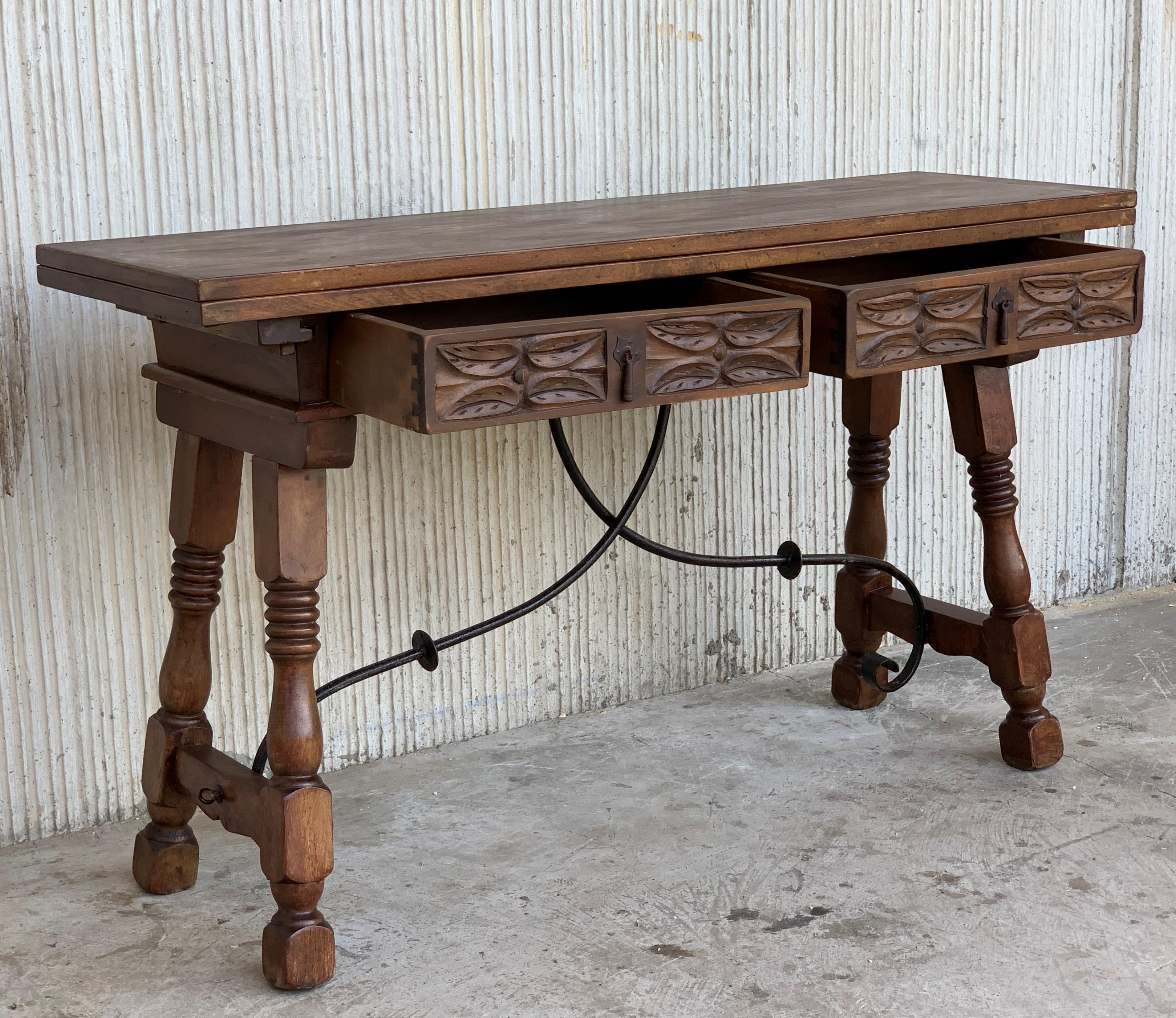 20th Century Spanish Console Fold Out Table with Iron Stretcher and Two Drawers In Good Condition In Miami, FL