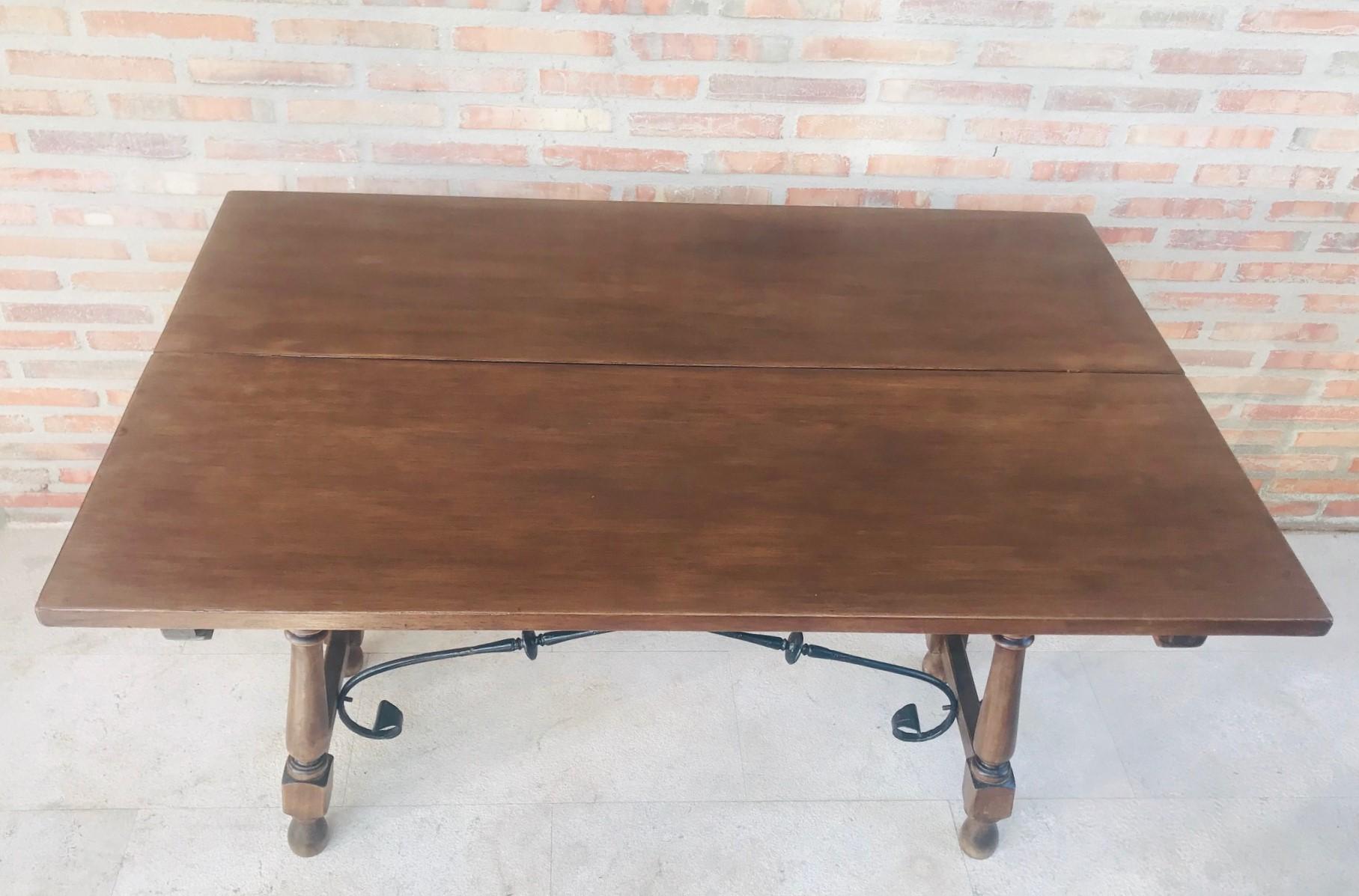 Spanish Colonial 20th Century Spanish Console Fold Out Table with Iron Stretcher and Two Drawers For Sale