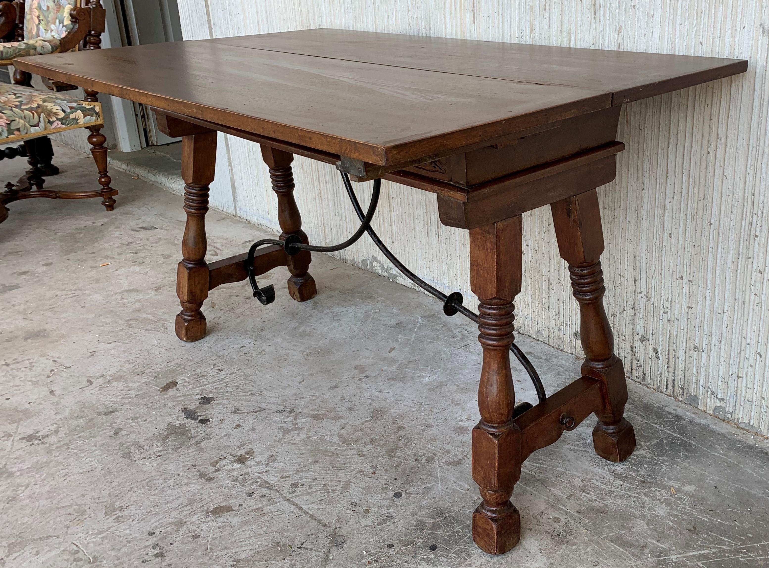 20th Century Spanish Console Fold Out Table with Iron Stretcher and Two Drawers 1