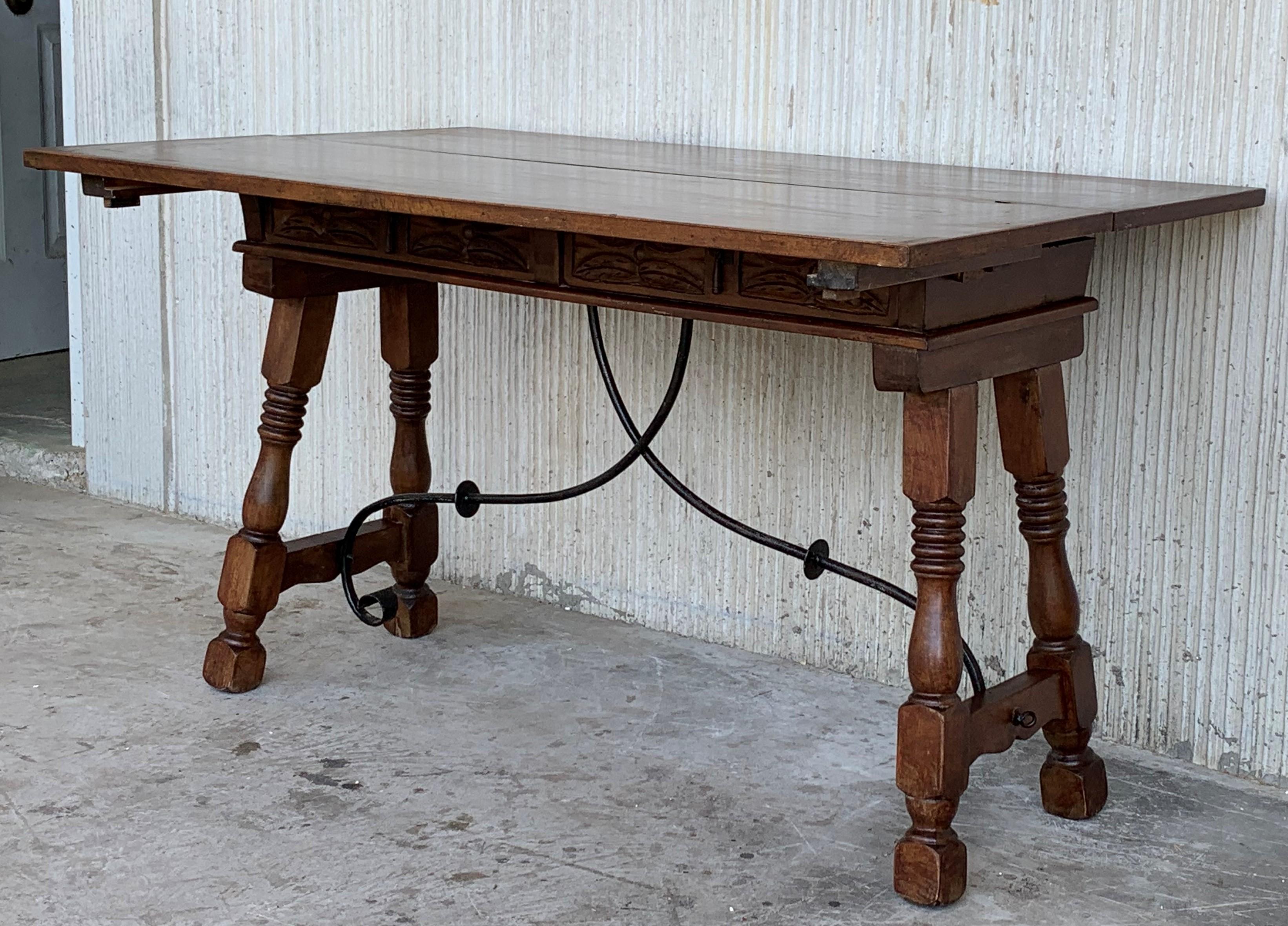 20th Century Spanish Console Fold Out Table with Iron Stretcher and Two Drawers 2