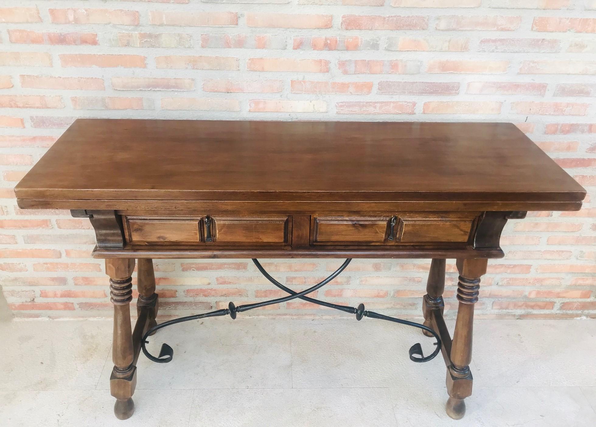 20th Century Spanish Console Fold Out Table with Iron Stretcher and Two Drawers For Sale 2