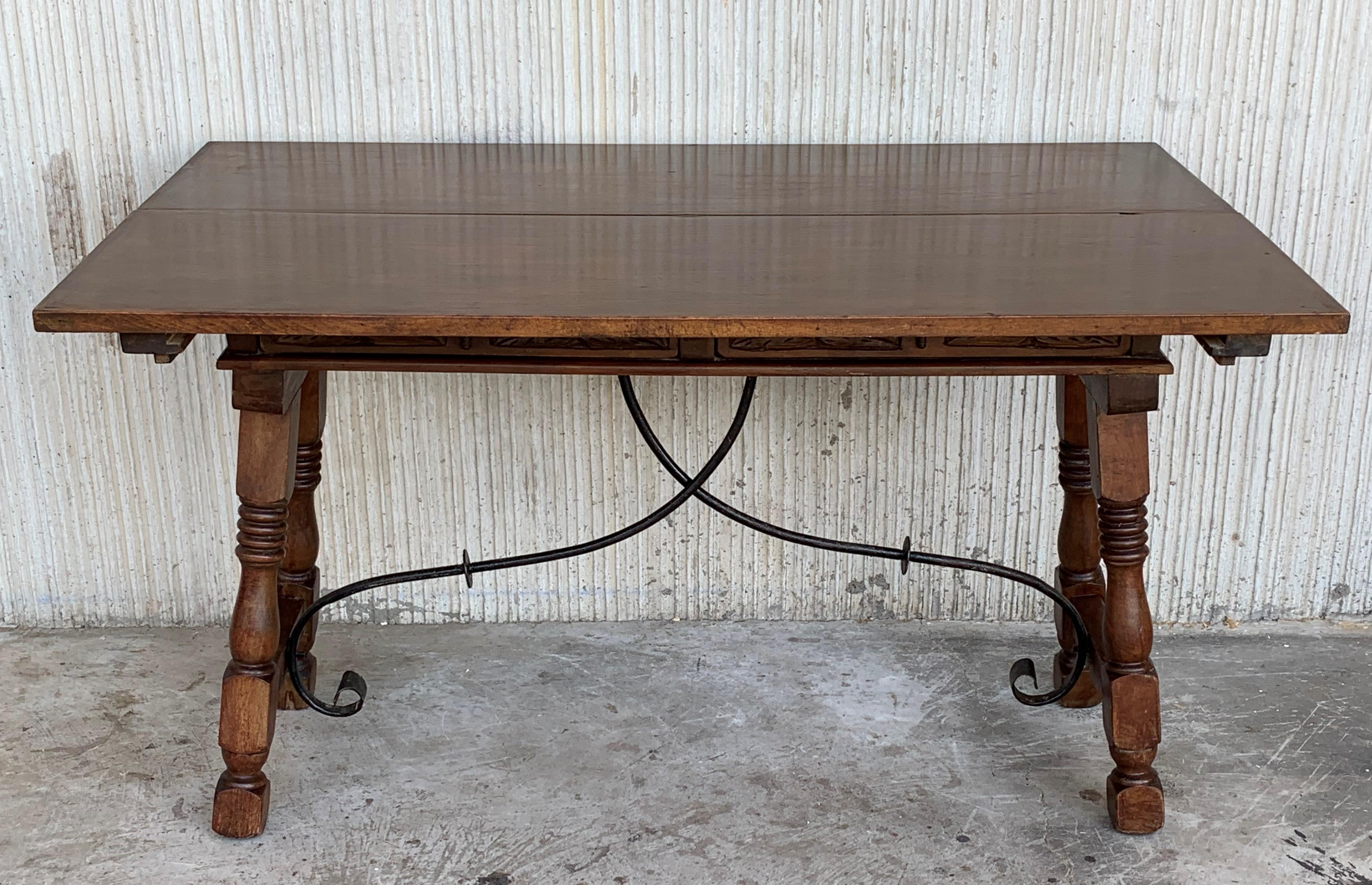 20th Century Spanish Console Fold Out Table with Iron Stretcher and Two Drawers 4