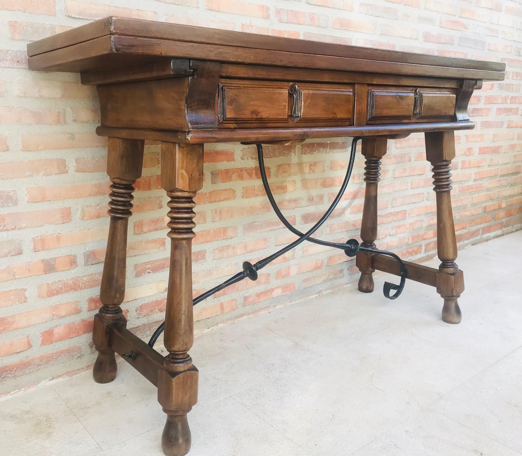 20th Century Spanish Console Fold Out Table with Iron Stretcher and Two Drawers For Sale 3