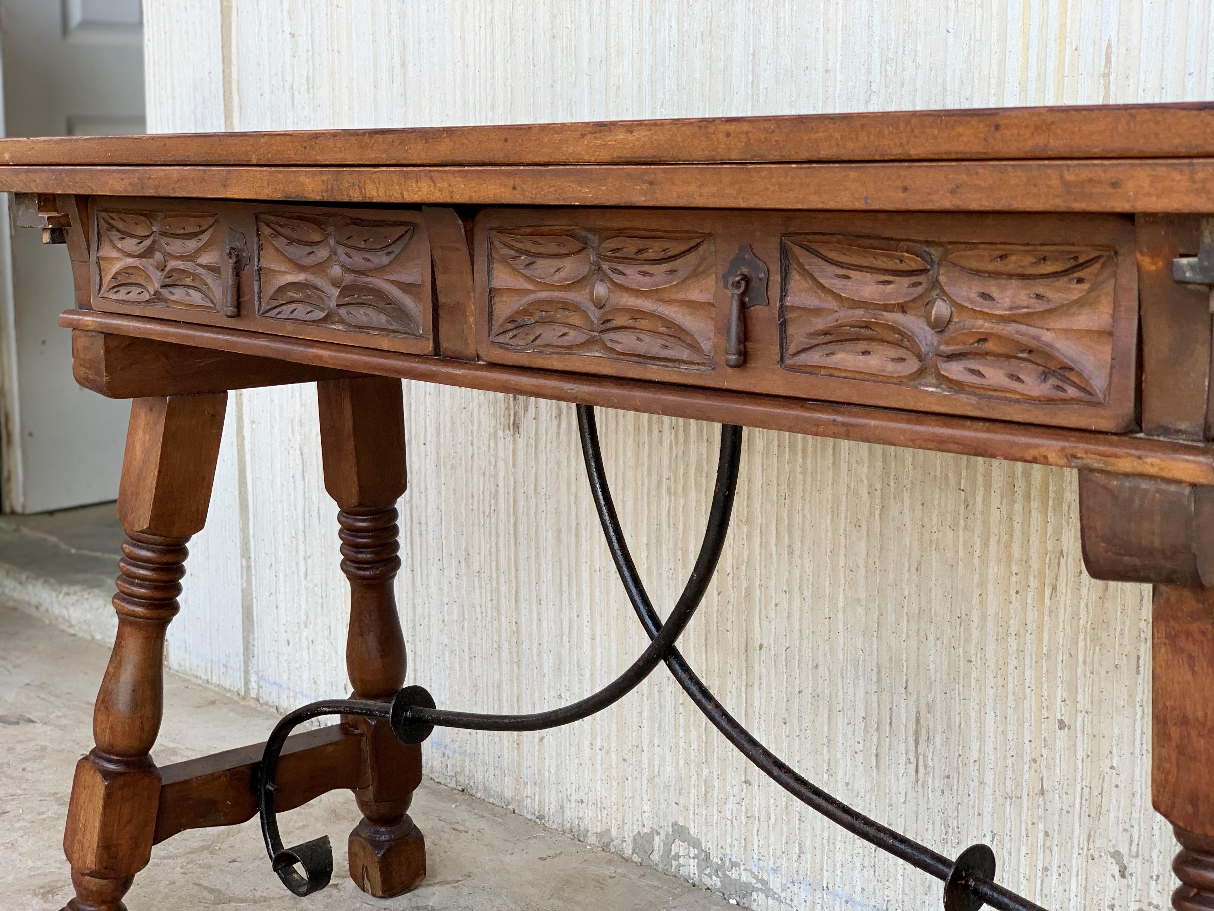 20th Century Spanish Console Fold Out Table with Iron Stretcher and Two Drawers 5