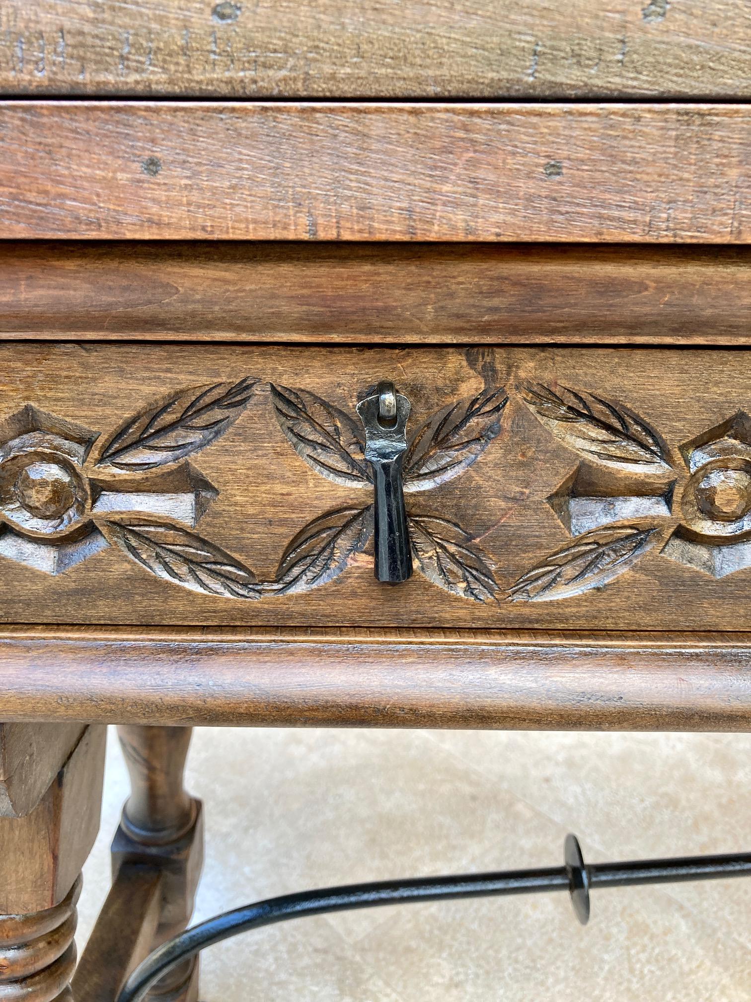 20th Century Spanish Console Folding Table with Iron Stretcher and Three Drawers 6