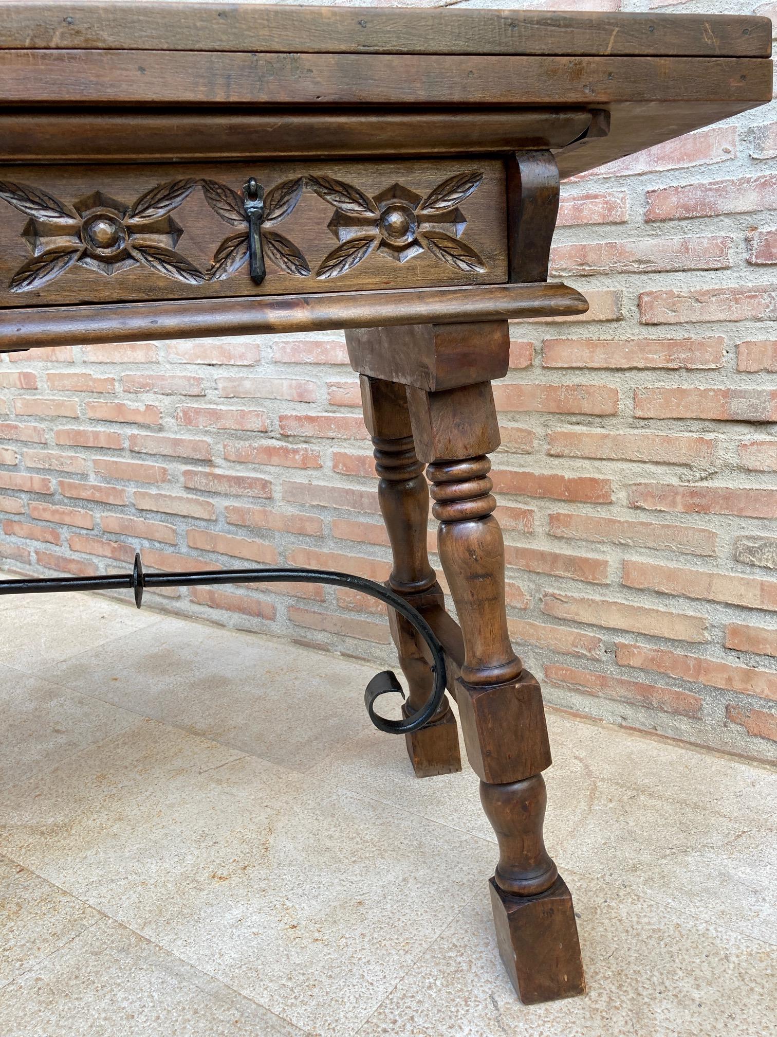 20th Century Spanish Console Folding Table with Iron Stretcher and Three Drawers 7