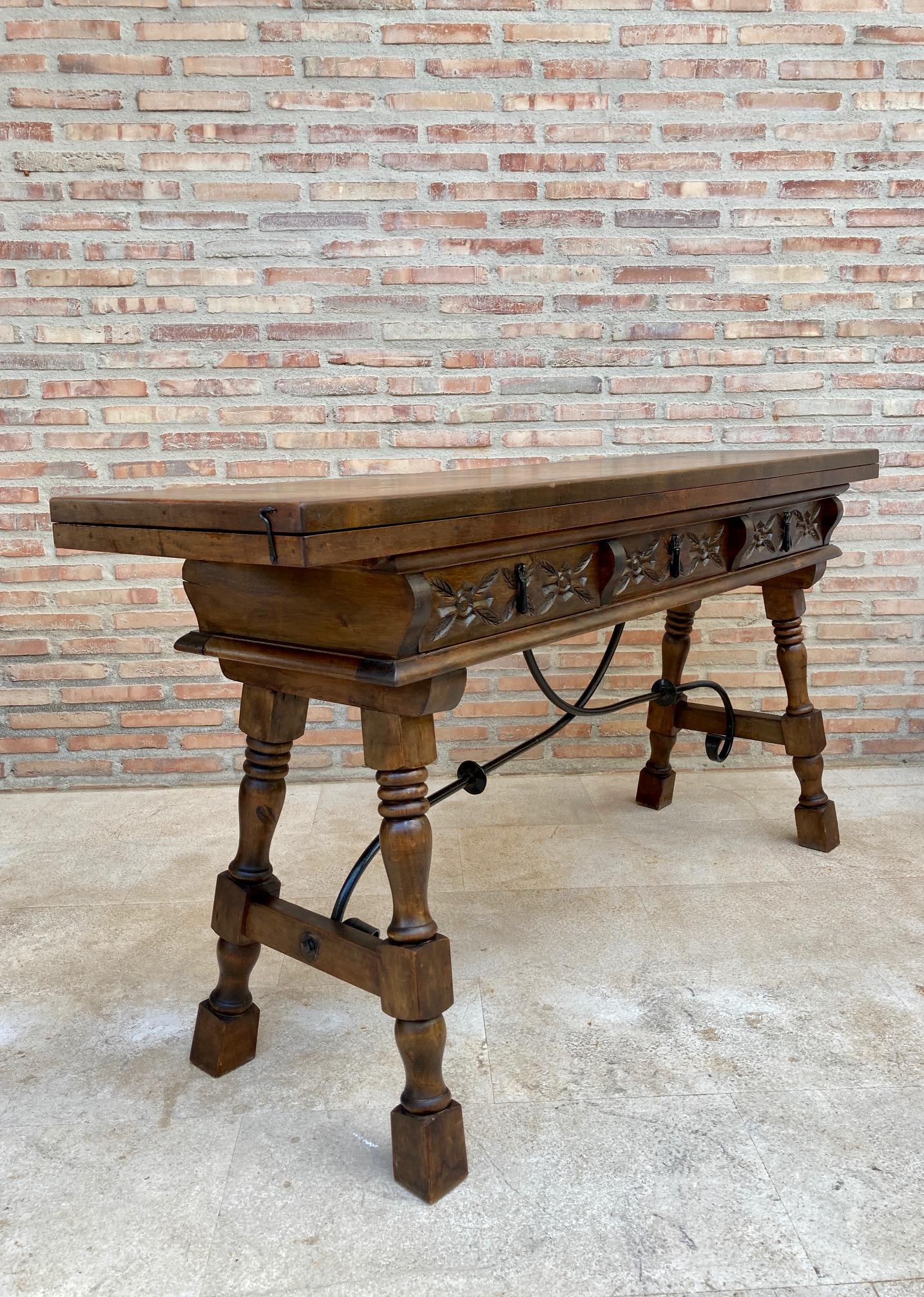 Spanish Colonial 20th Century Spanish Console Folding Table with Iron Stretcher and Three Drawers