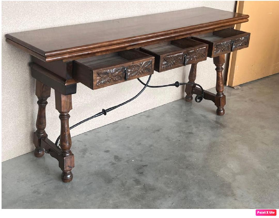 20th Century Spanish Console Folding Table with Iron Stretcher and Three Drawers Colonial español en venta