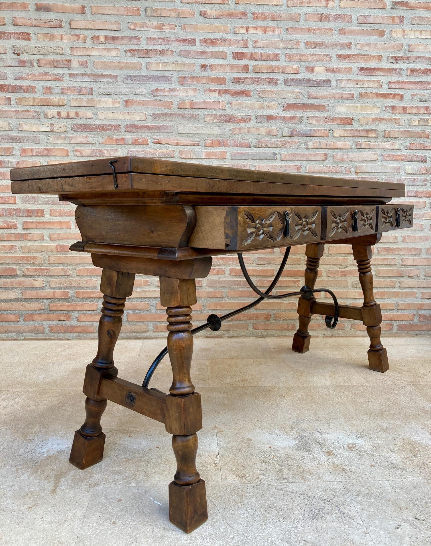 20th Century Spanish Console Folding Table with Iron Stretcher and Three Drawers In Good Condition In Miami, FL