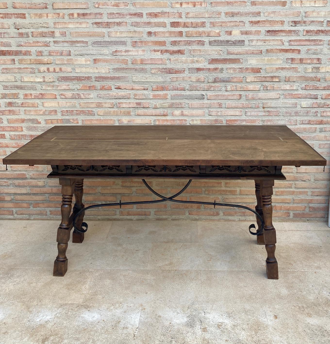 20th Century Spanish Console Folding Table with Iron Stretcher and Three Drawers 1