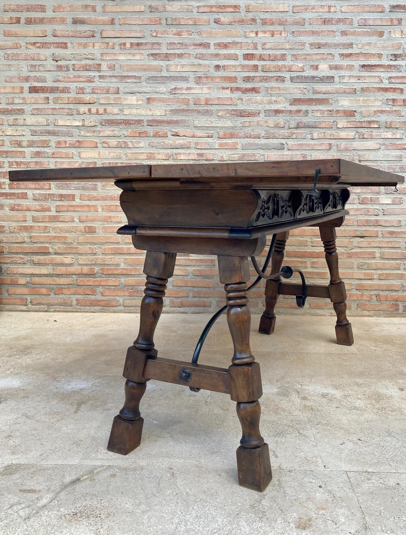 20th Century Spanish Console Folding Table with Iron Stretcher and Three Drawers 2