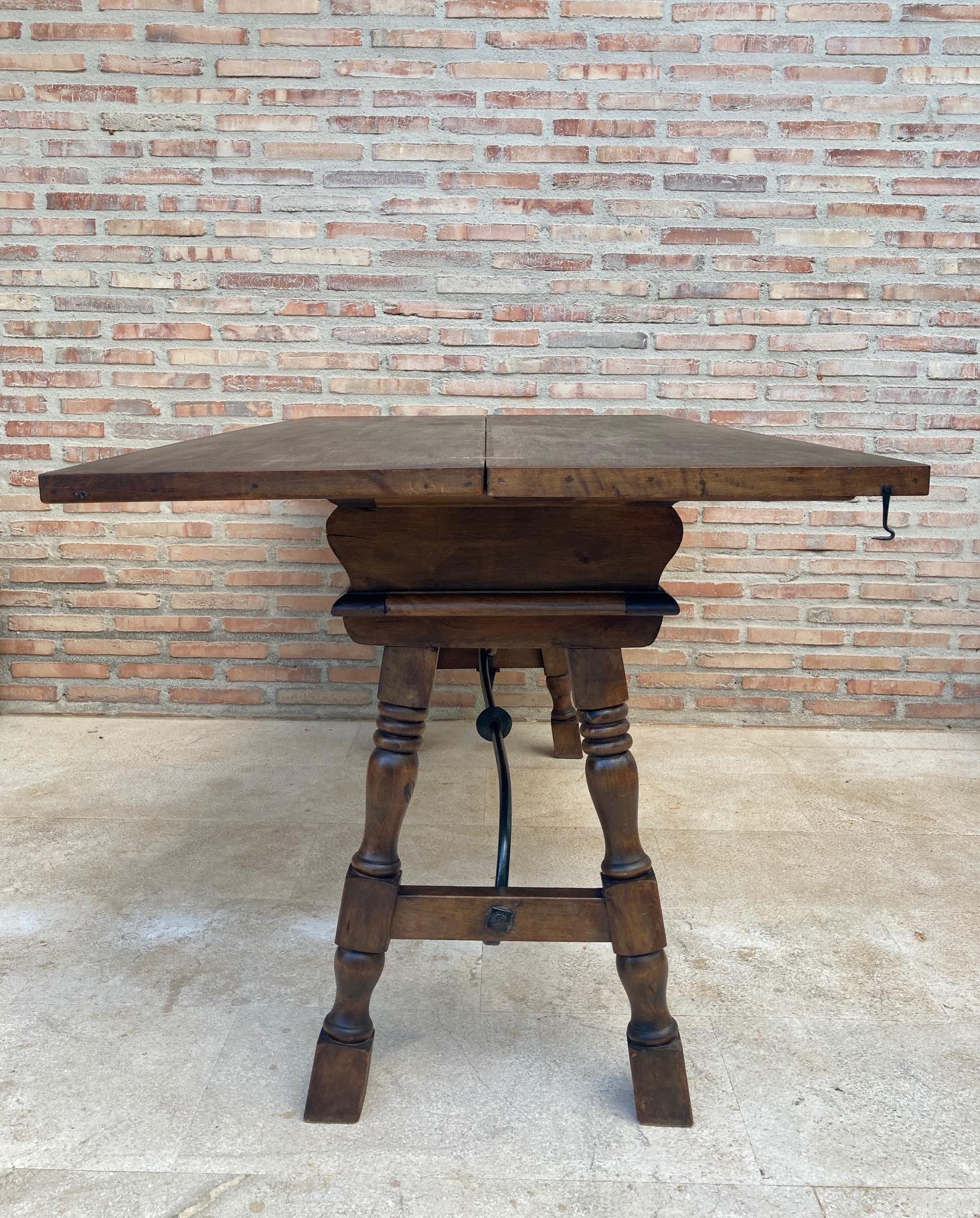 20th Century Spanish Console Folding Table with Iron Stretcher and Three Drawers 3
