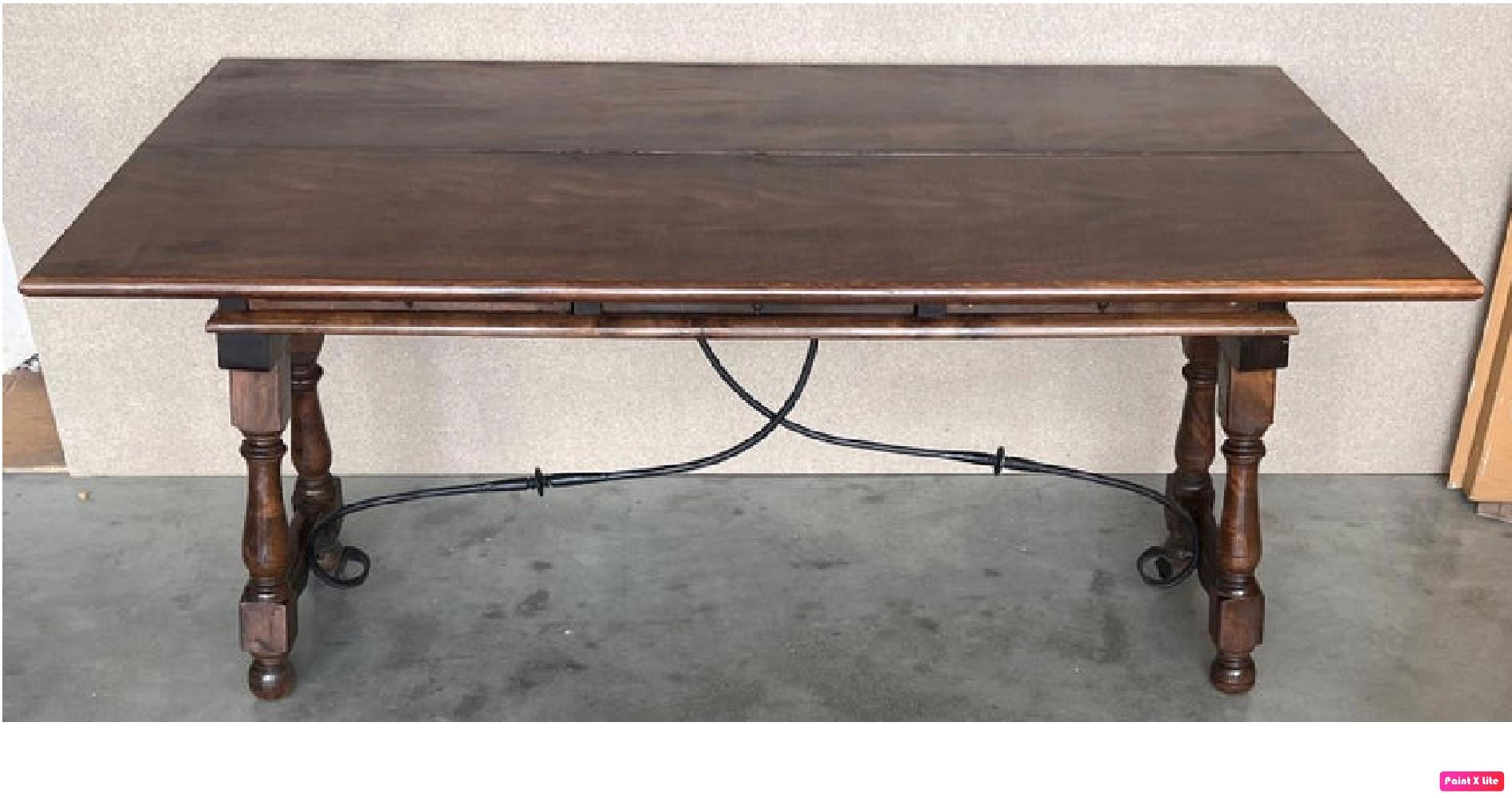 20th Century Spanish Console Folding Table with Iron Stretcher and Three Drawers Hierro en venta