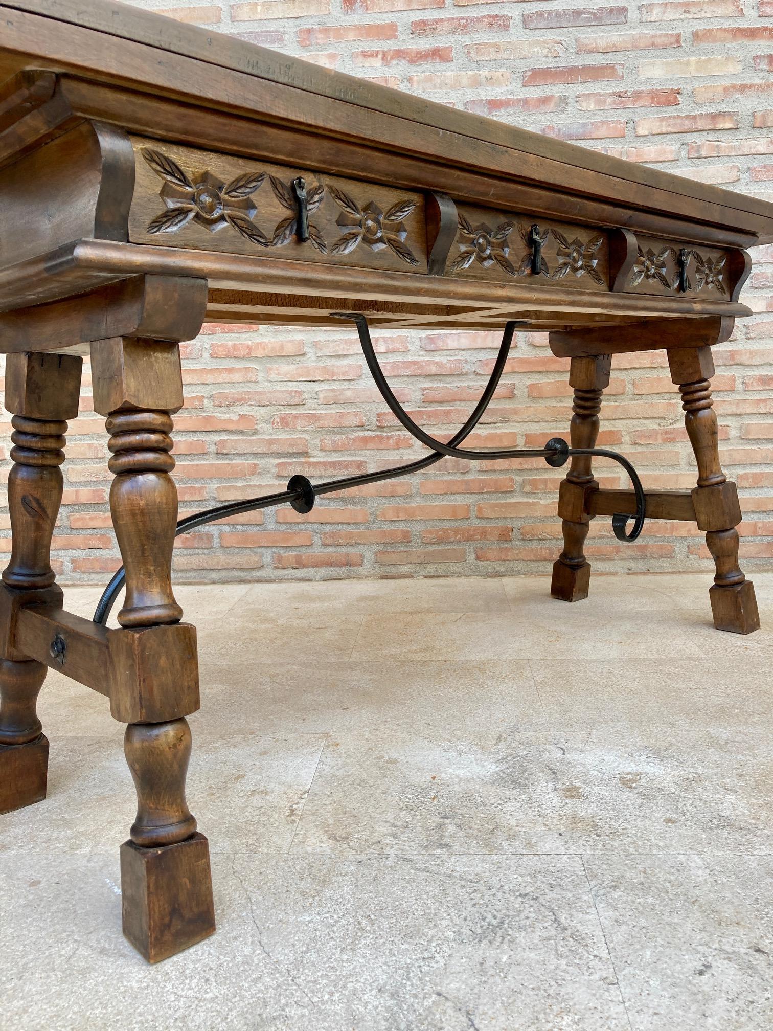 20th Century Spanish Console Folding Table with Iron Stretcher and Three Drawers 4