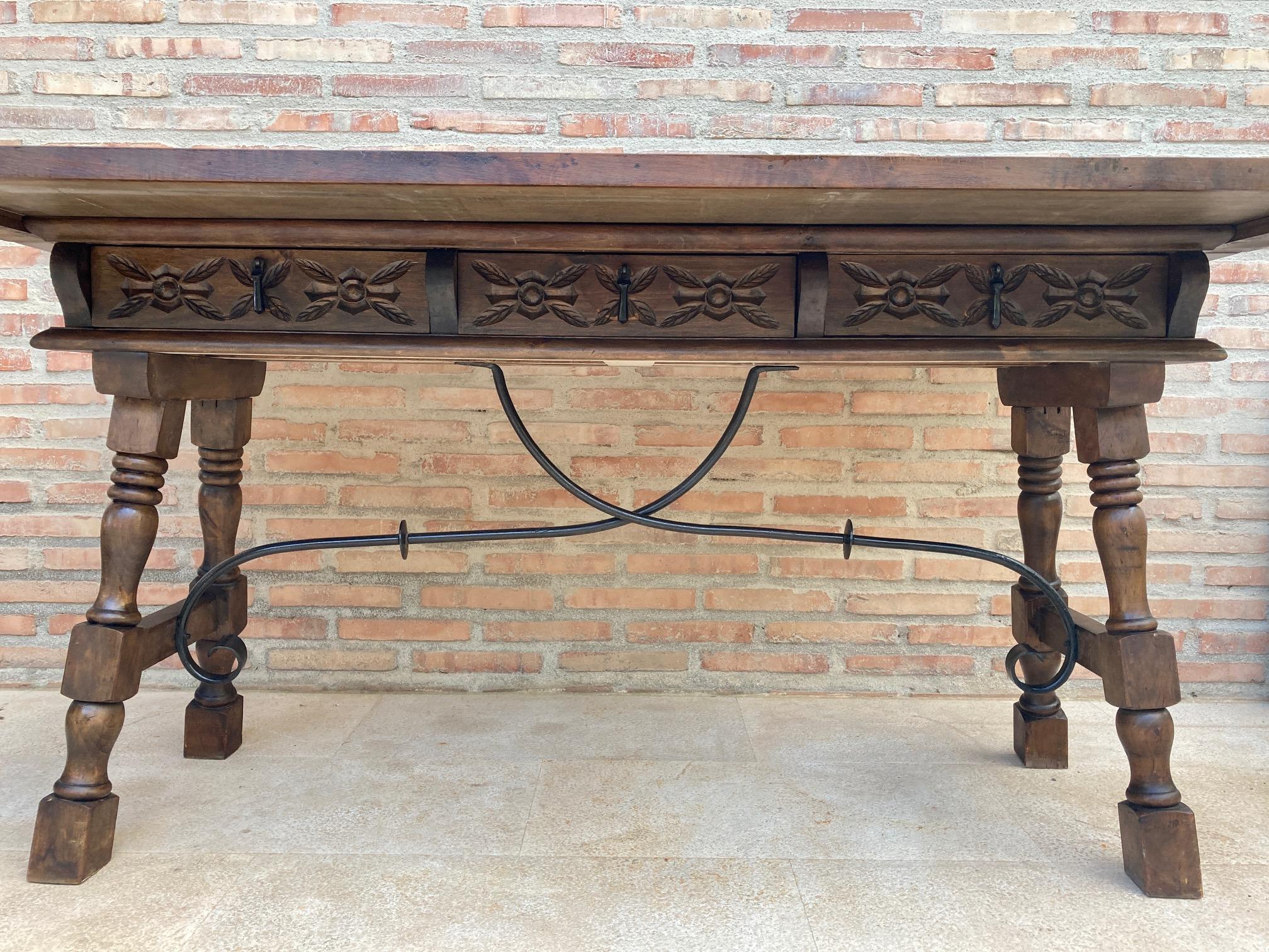 20th Century Spanish Console Folding Table with Iron Stretcher and Three Drawers 5