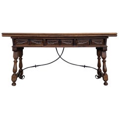 20th Century Spanish Console Folding Table with Iron Stretcher and Three Drawers