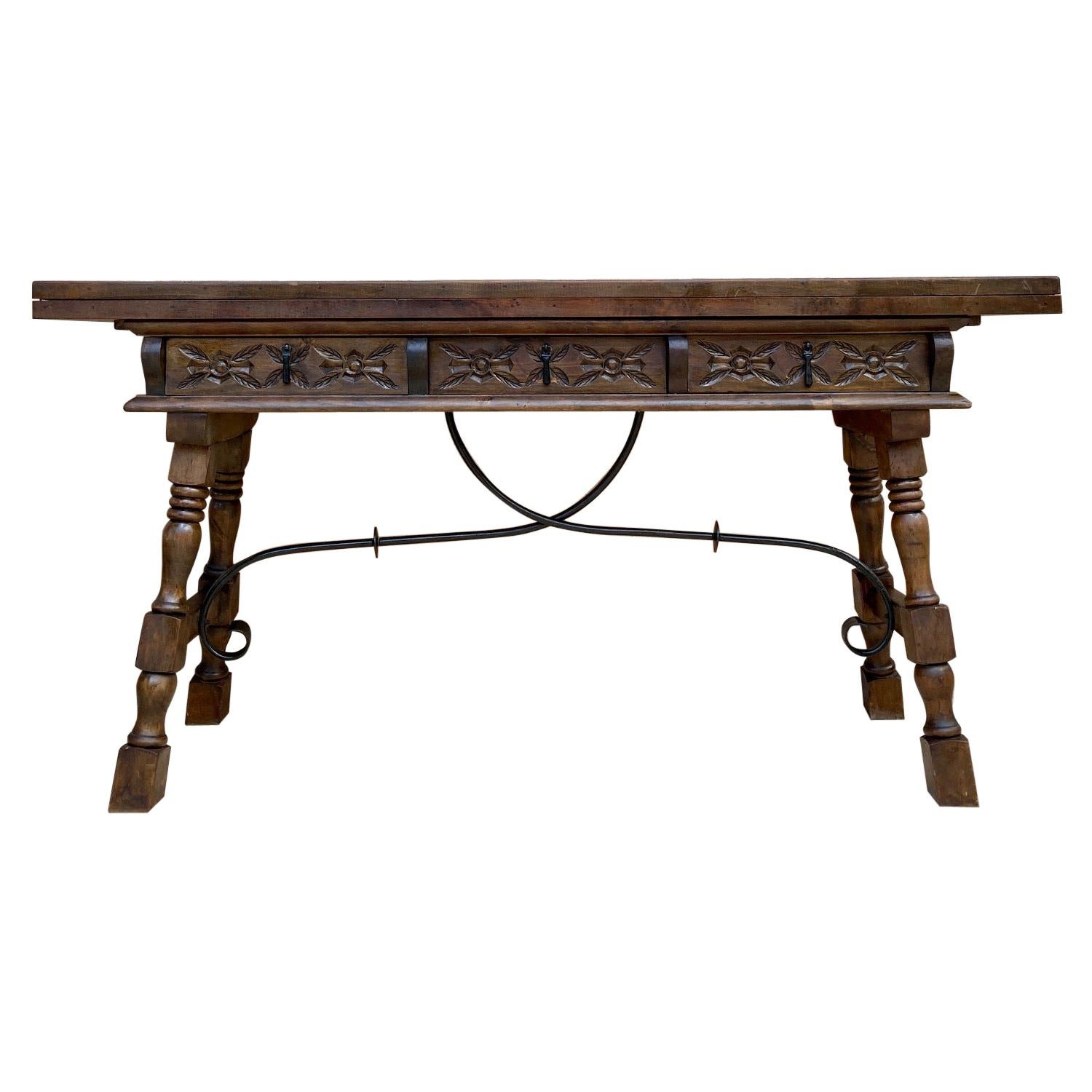 20th Century Spanish Console Folding Table with Iron Stretcher and Three Drawers