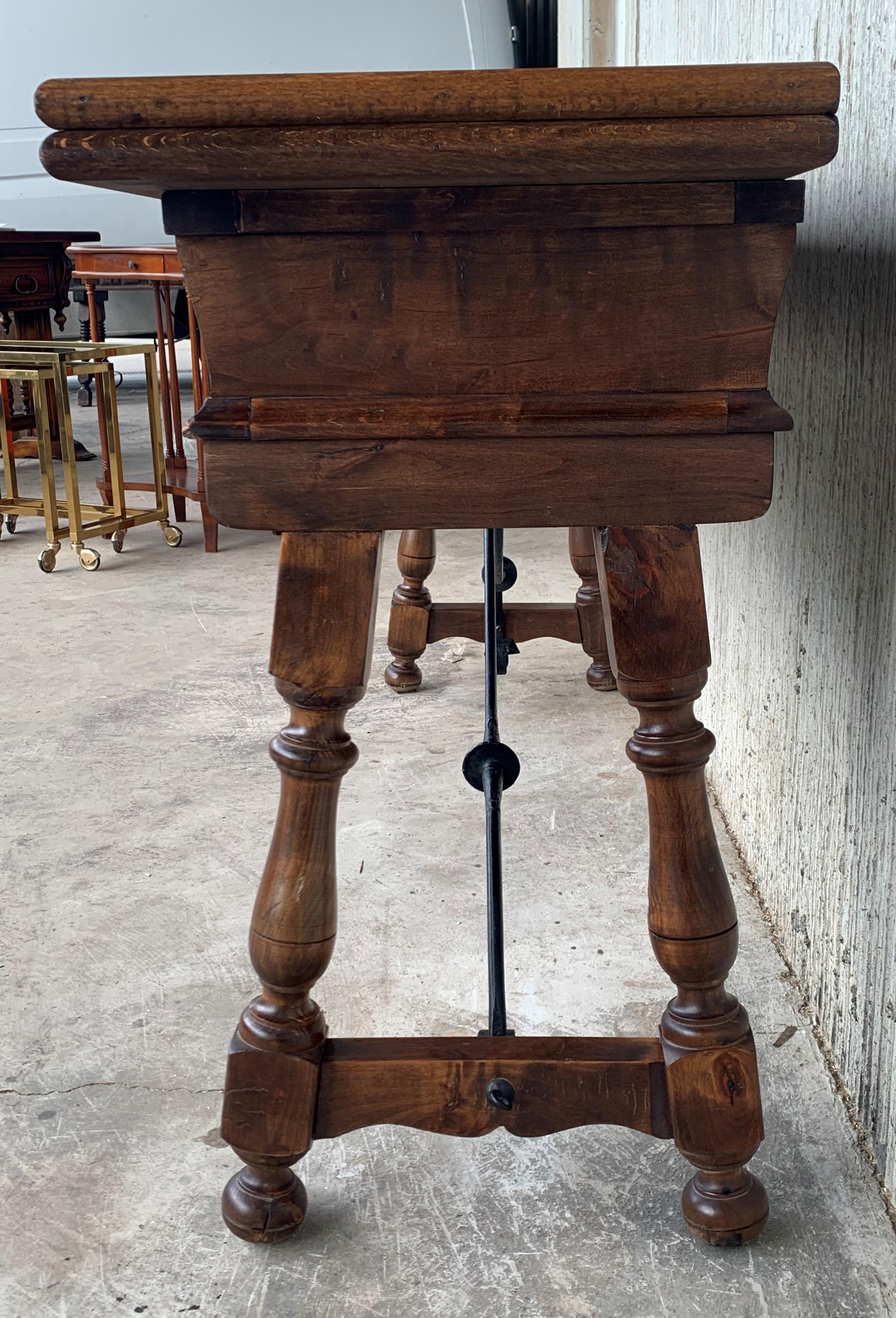 20th Century Spanish Console Folding Table with Iron Stretcher and Three Drawers In Good Condition In Miami, FL
