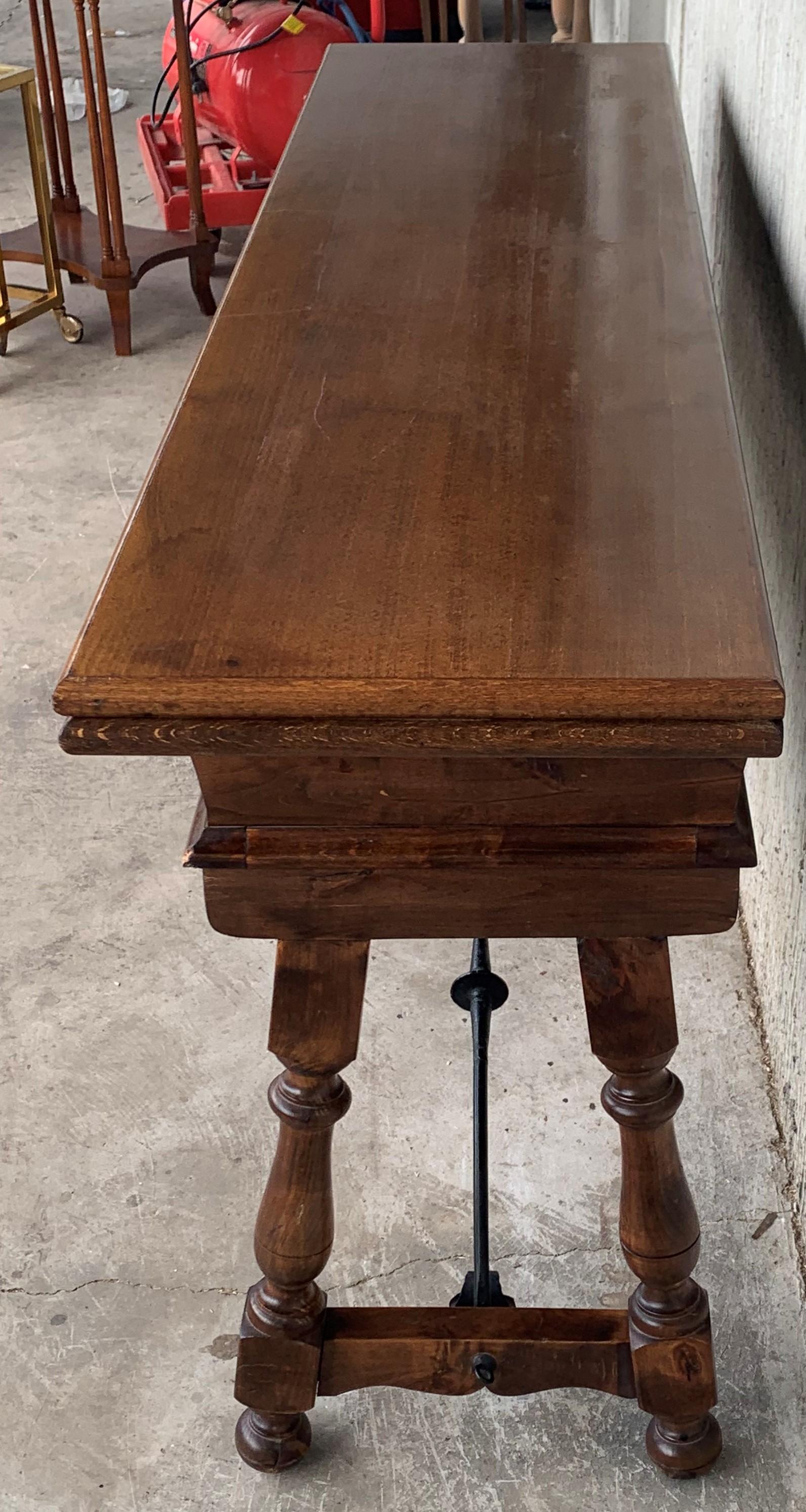 20th Century Spanish Console Folding Table with Iron Stretcher and Three Drawers 3