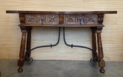 20th Century Spanish Console Table with Iron Stretcher and Two Drawers