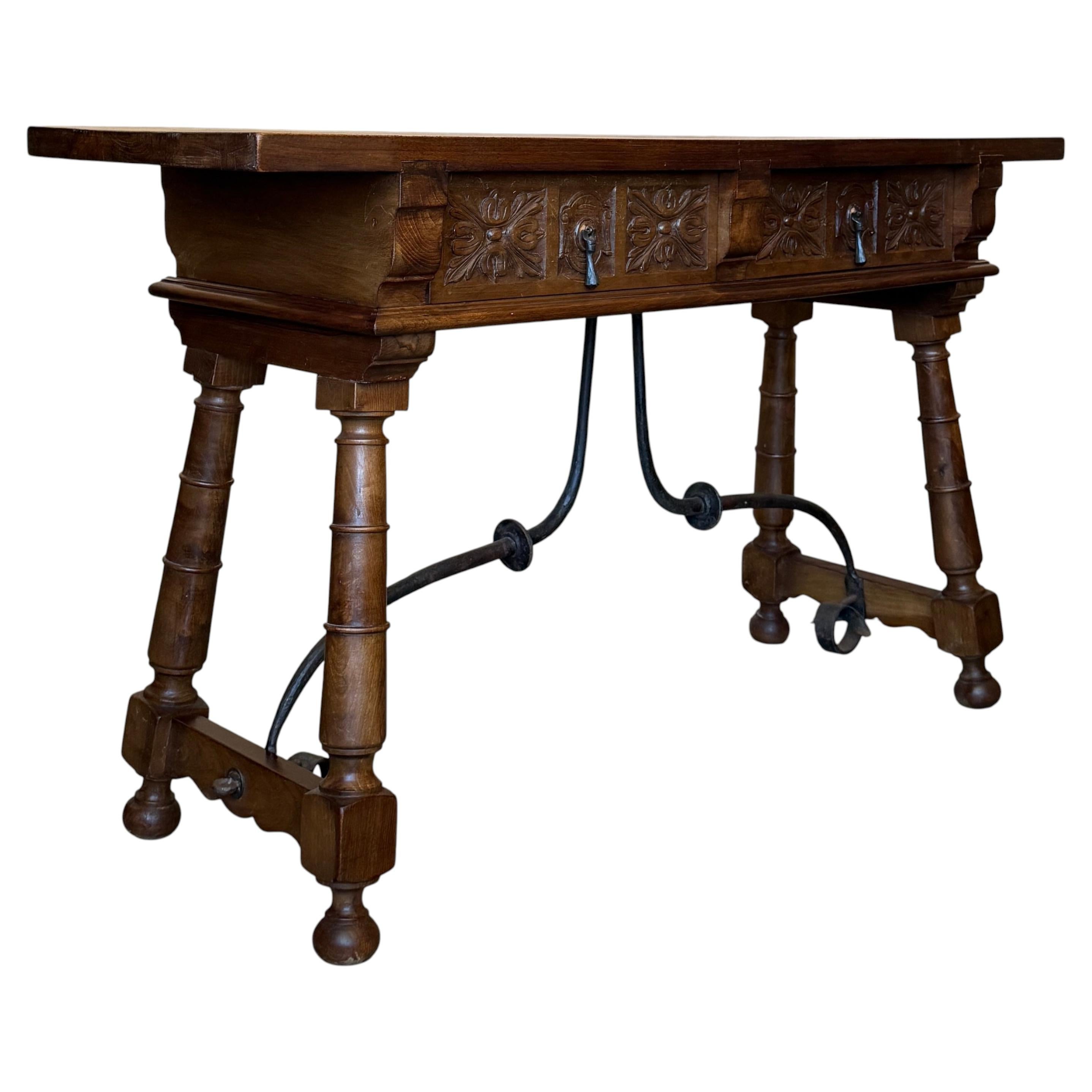 20th Century Spanish Console Table with Iron Stretcher and Two Drawers