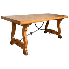 Mesa de Granja de Caballete de Comedor con Patas de Lira de Ciprés Español del Siglo XX