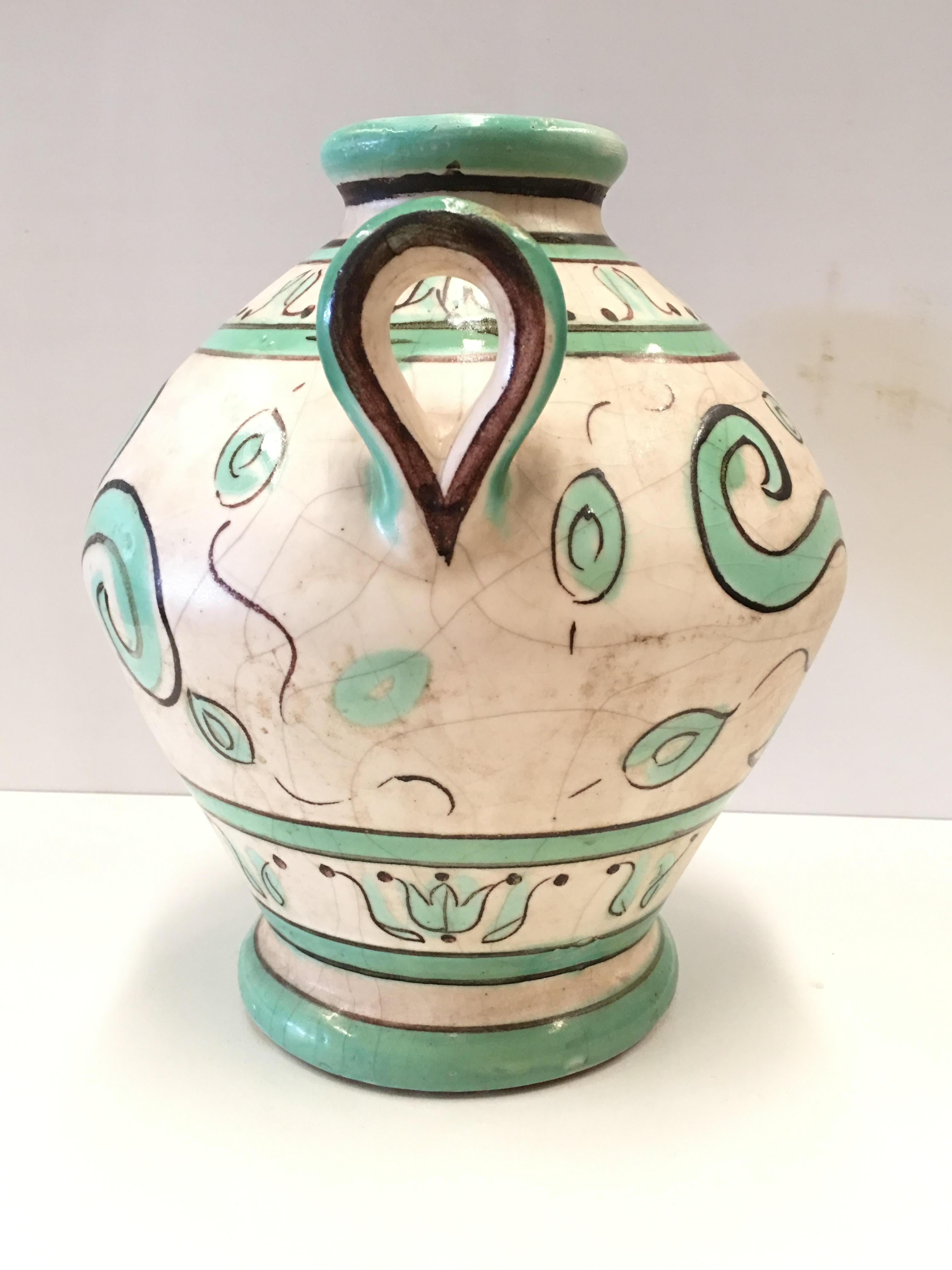 20th century Spanish glazed cruche, urn with two handles.