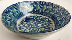20th Century Spanish Hand Thrown Ribbed Blue-Green Glaze Studio Pottery Bowl