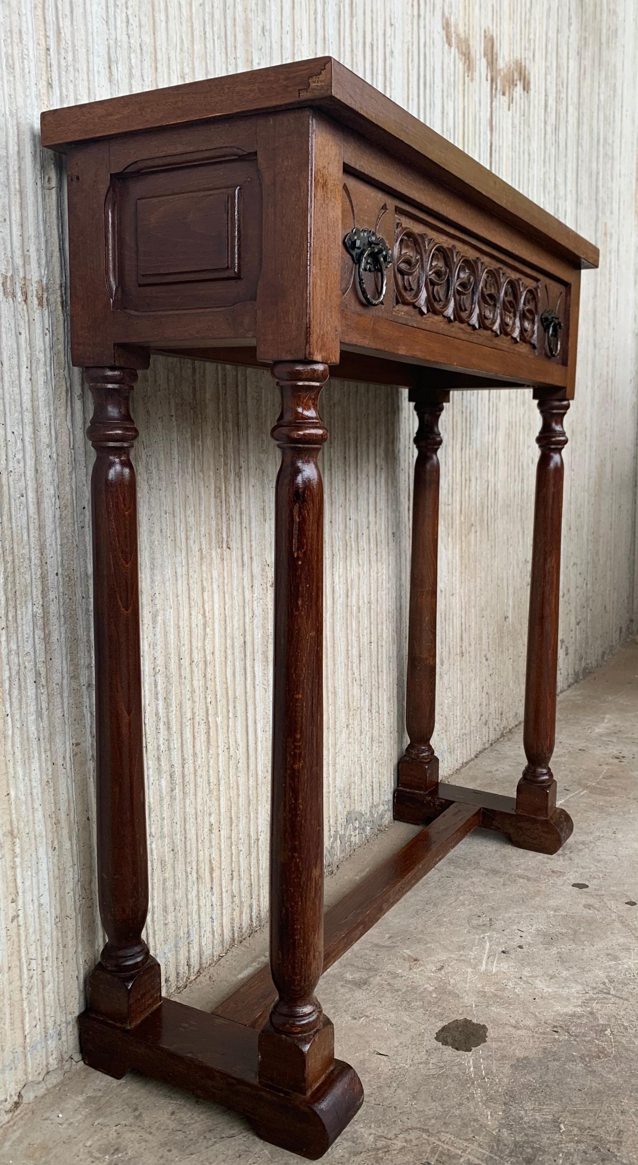 Iron 20th Century Spanish Little Console Table with One Drawer and Turned Legs