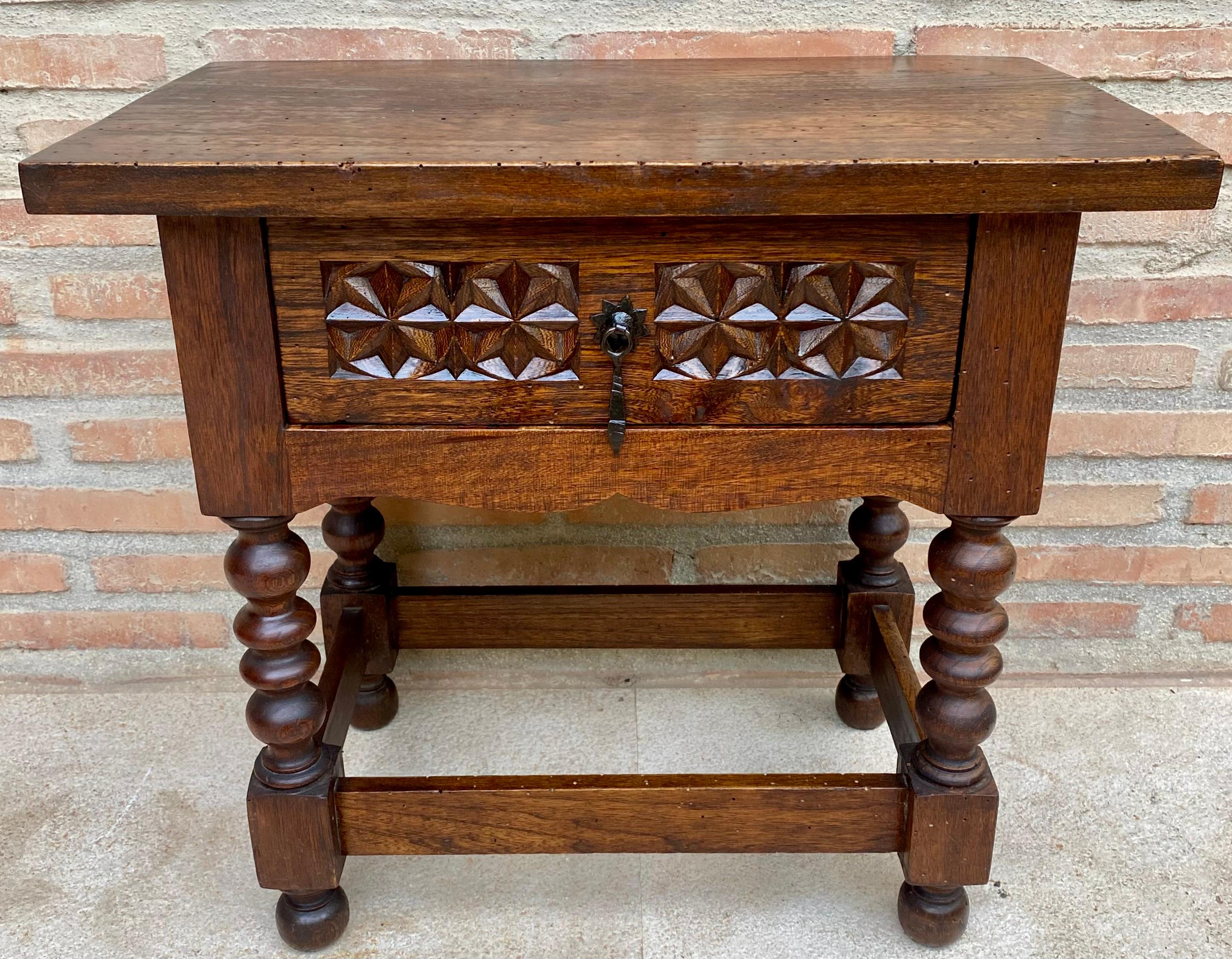 Spanish Colonial 20th Century Spanish Nightstand Carved Drawer and Iron Hardware, 1890s For Sale