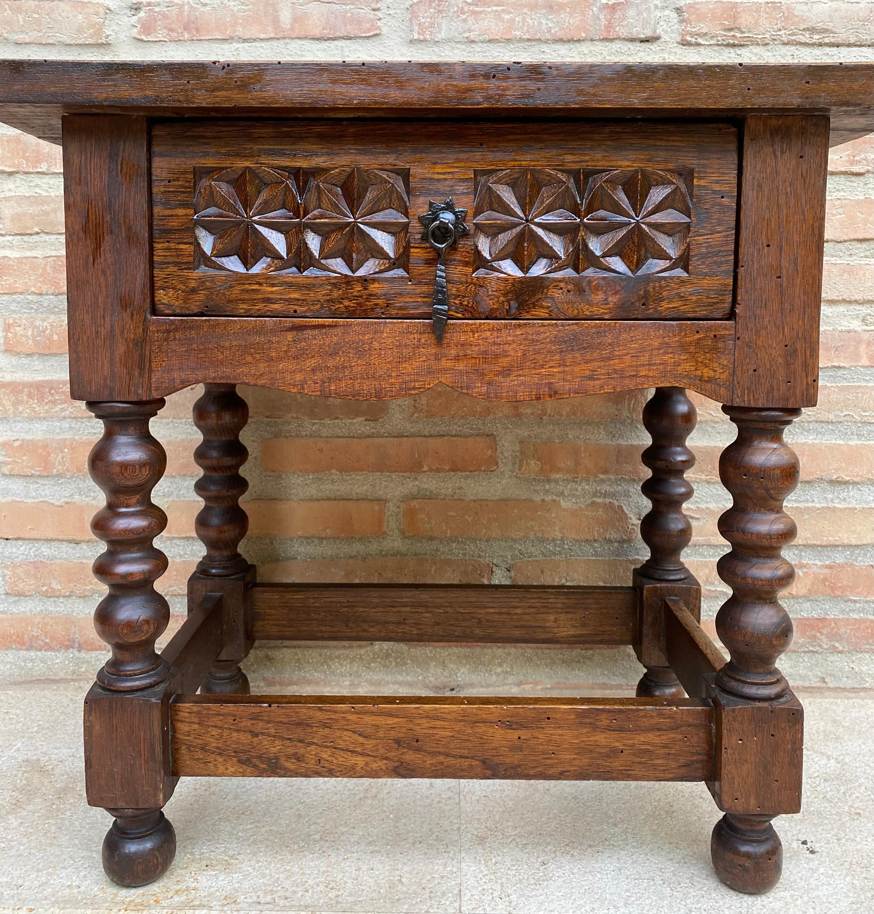 19th Century 20th Century Spanish Nightstand Carved Drawer and Iron Hardware, 1890s For Sale