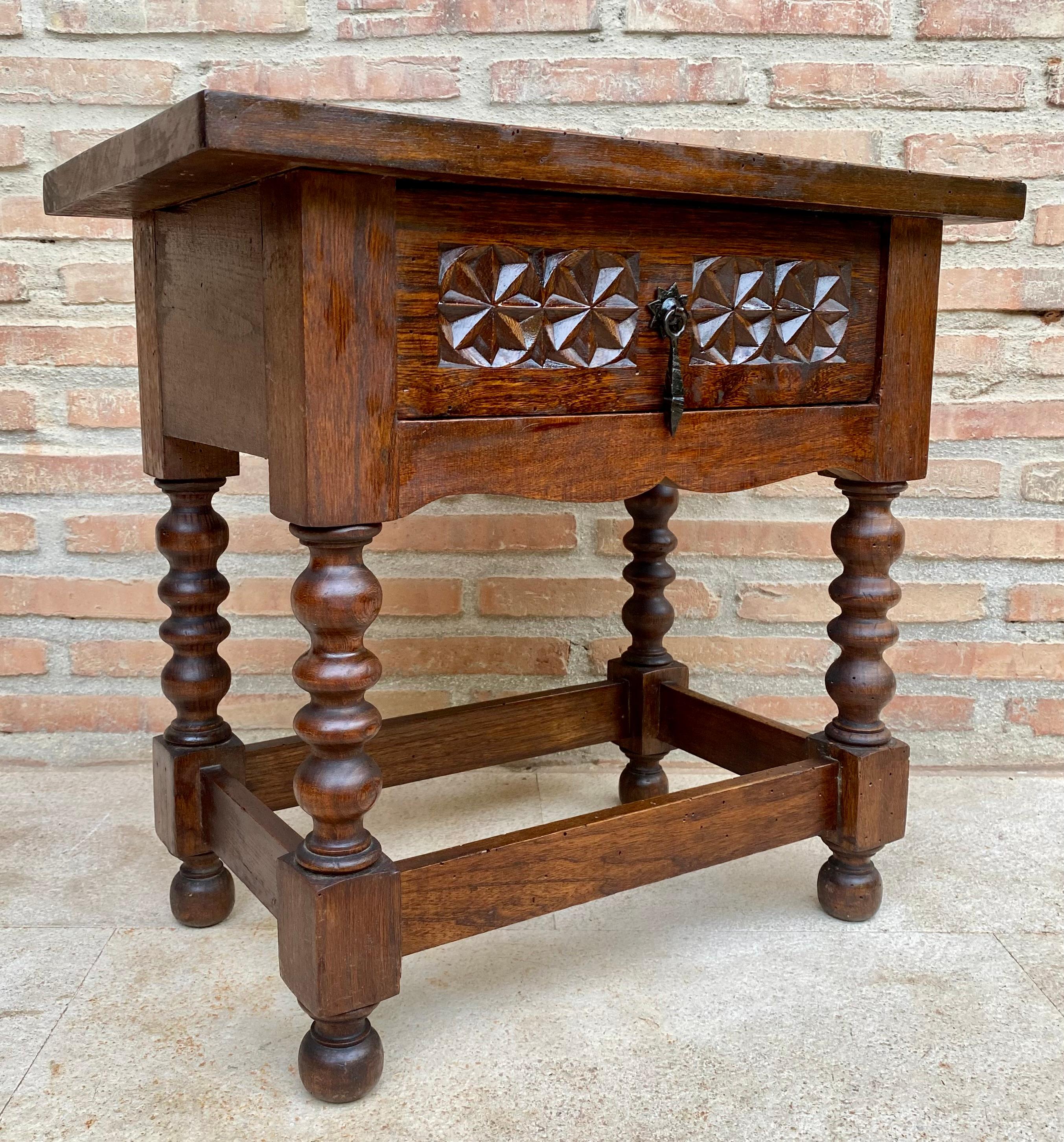 Walnut 20th Century Spanish Nightstand Carved Drawer and Iron Hardware, 1890s For Sale