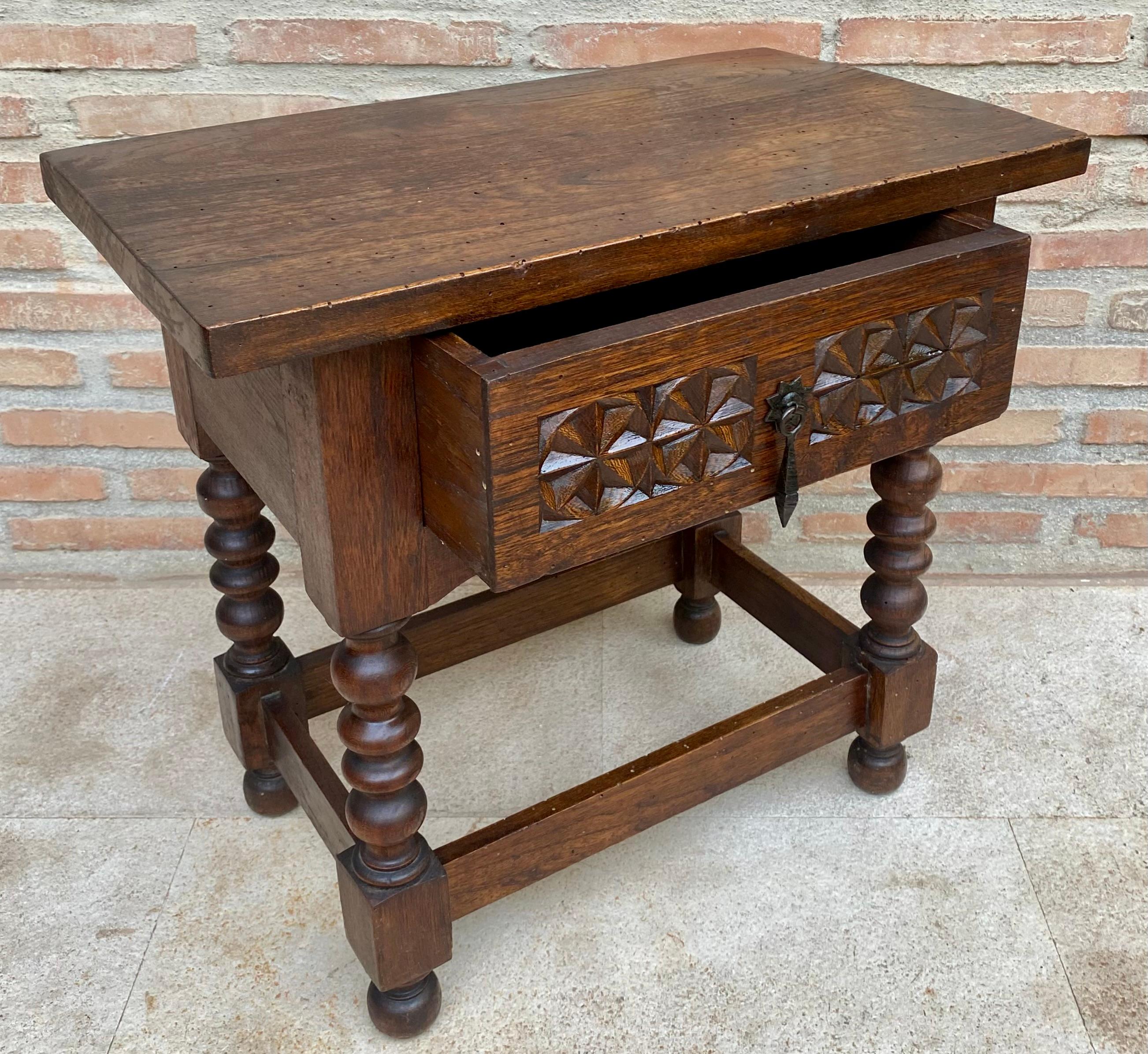 20th Century Spanish Nightstand Carved Drawer and Iron Hardware, 1890s For Sale 1