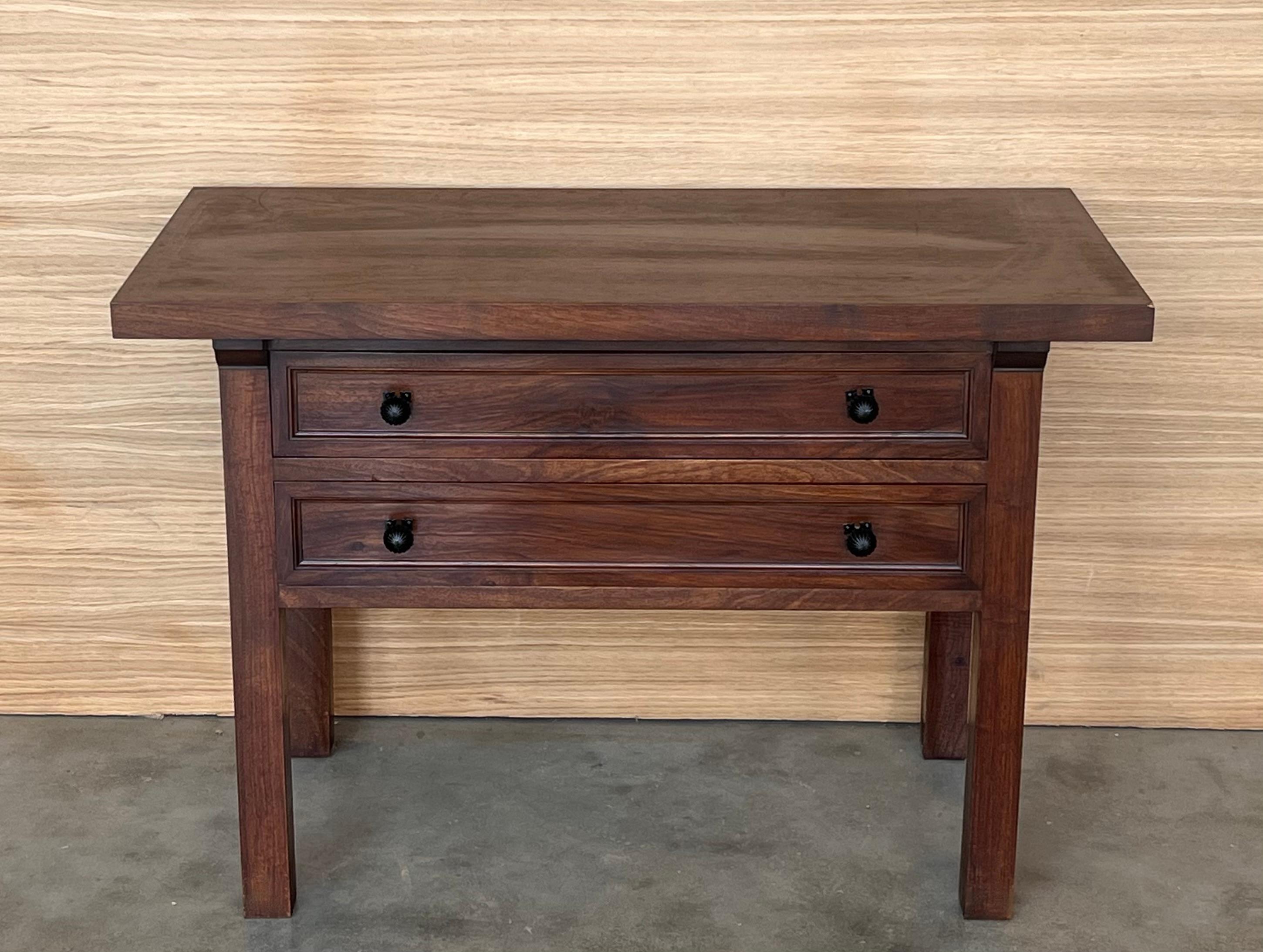 Carved 20th Century Spanish Nightstand or Side Table with Two Drawers and Iron Hardware For Sale