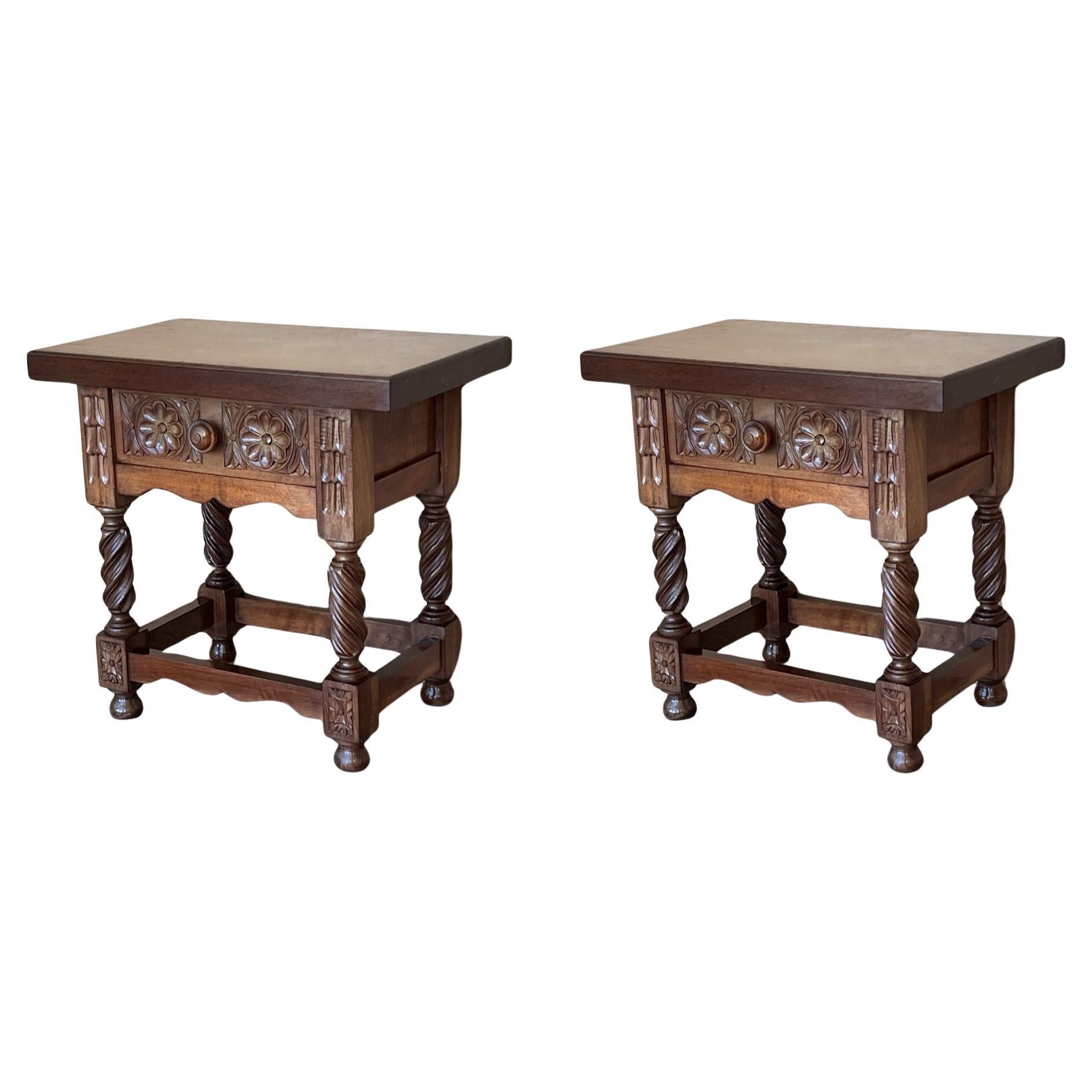 20th Century Spanish Nightstands with Carved Drawers and Solomonic Legs