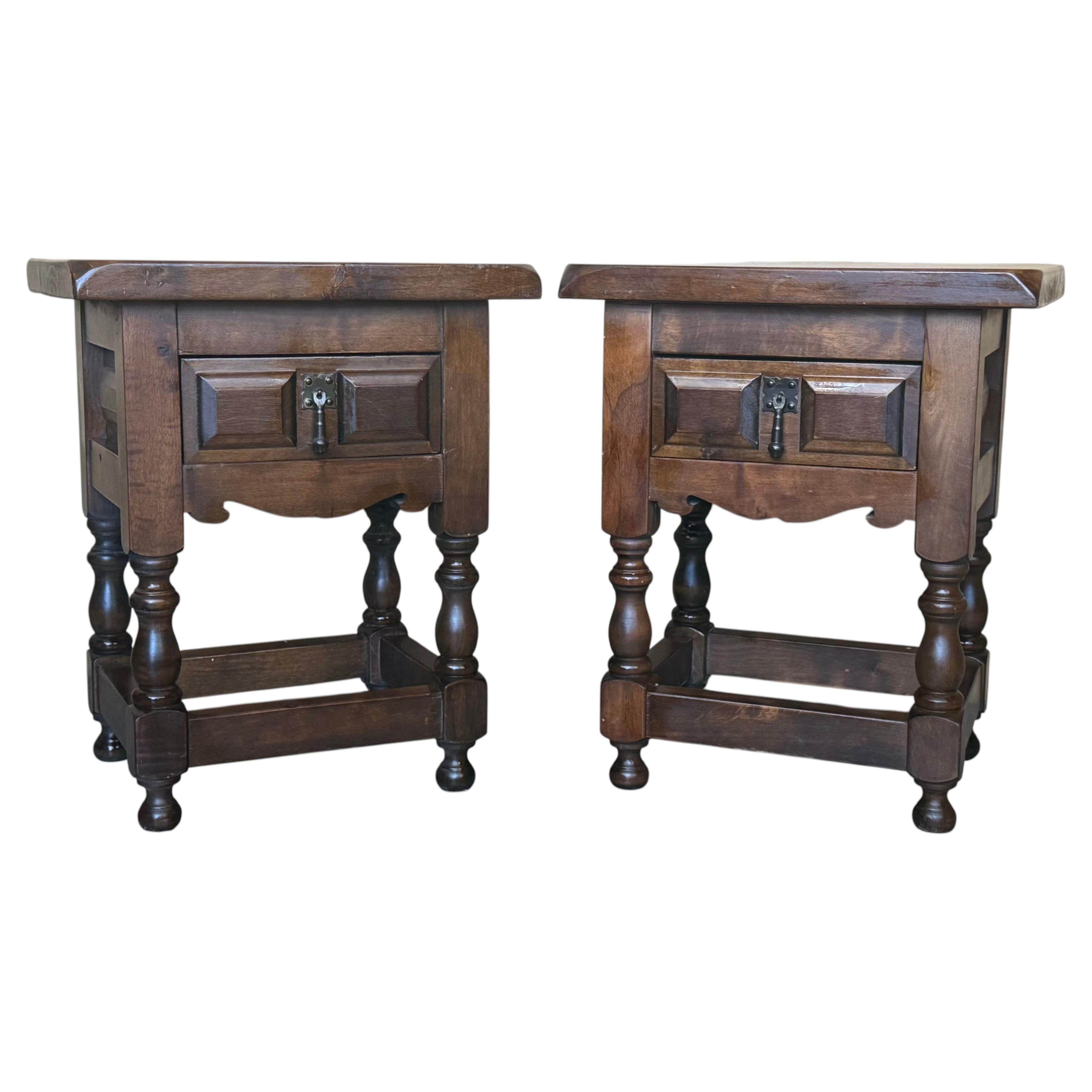 20th Century Spanish Nightstands with Drawer and Iron Hardware