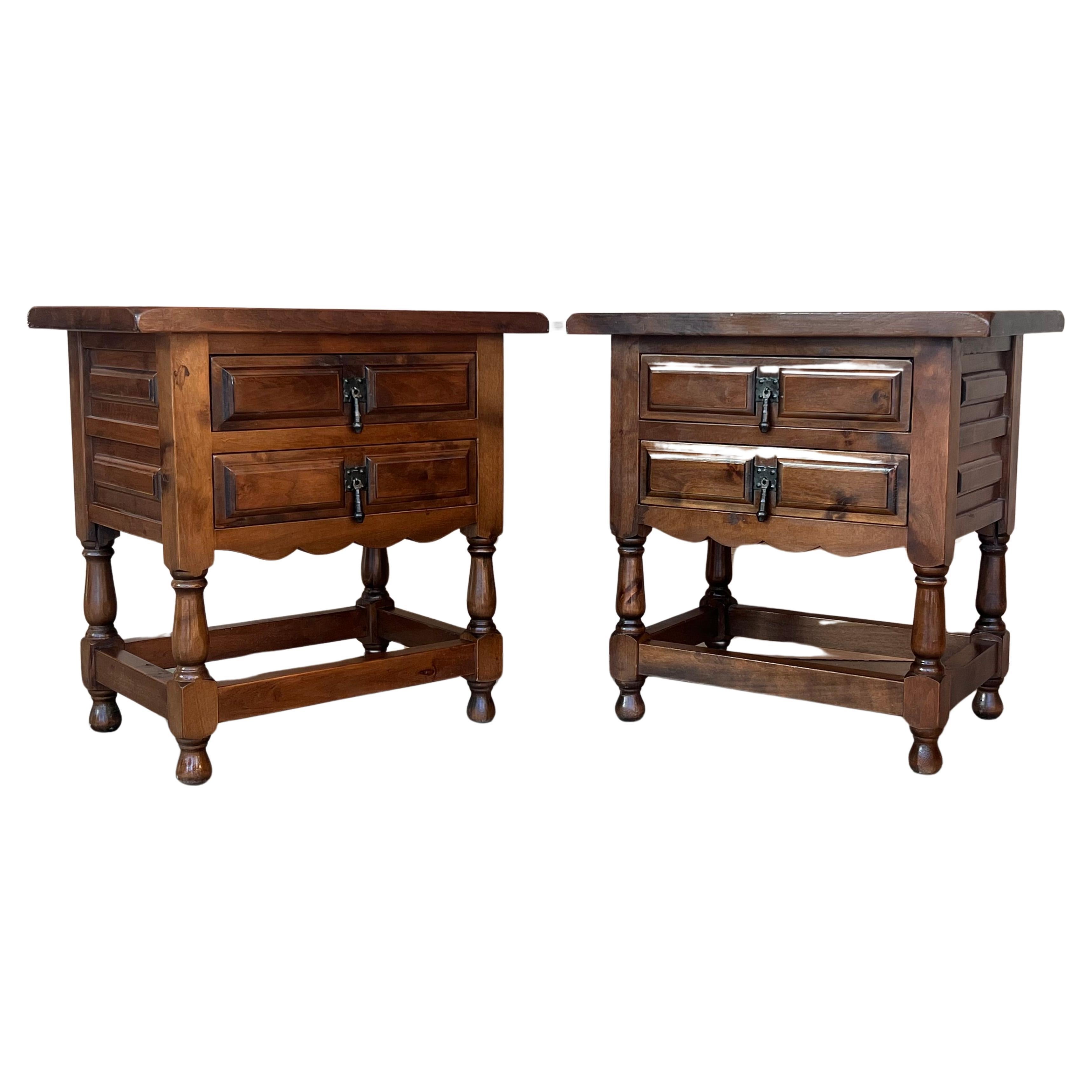 20th century pair of Brutalist Spanish nightstands with two carved drawers and iron hardware 
Beautiful tables that you can use like a nightstands or side tables, end tables... or table lamp.