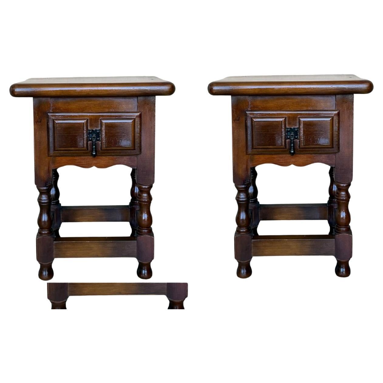 20th century pair of Brutalist Spanish nightstands with  carved drawer and iron hardware 
Beautiful tables that you can use like a nightstands or side tables, end tables... or table lamp.

We can remove the glossy finished if you want a matte