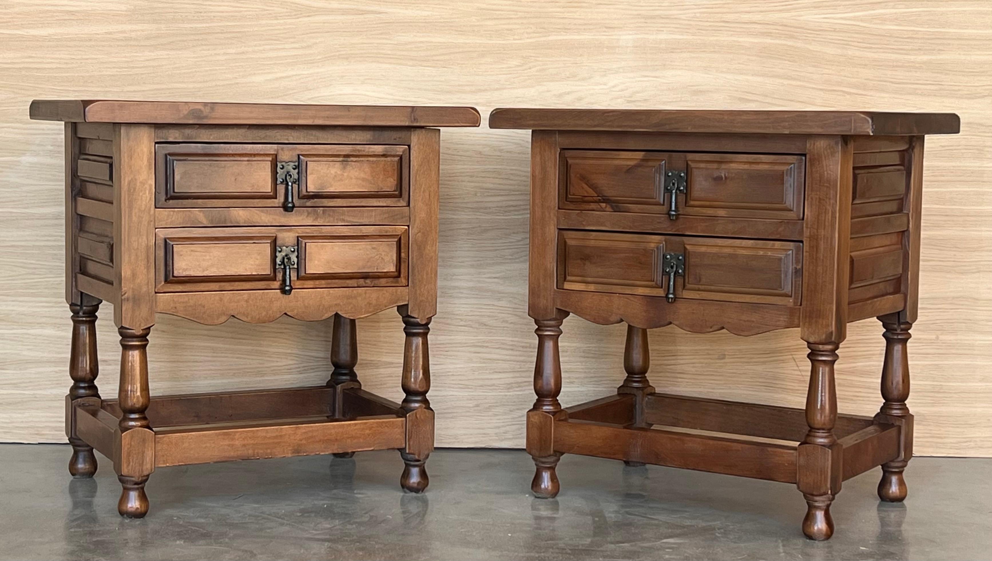 Carved 20th Century Spanish Nightstands with Two Drawers and Iron Hardware