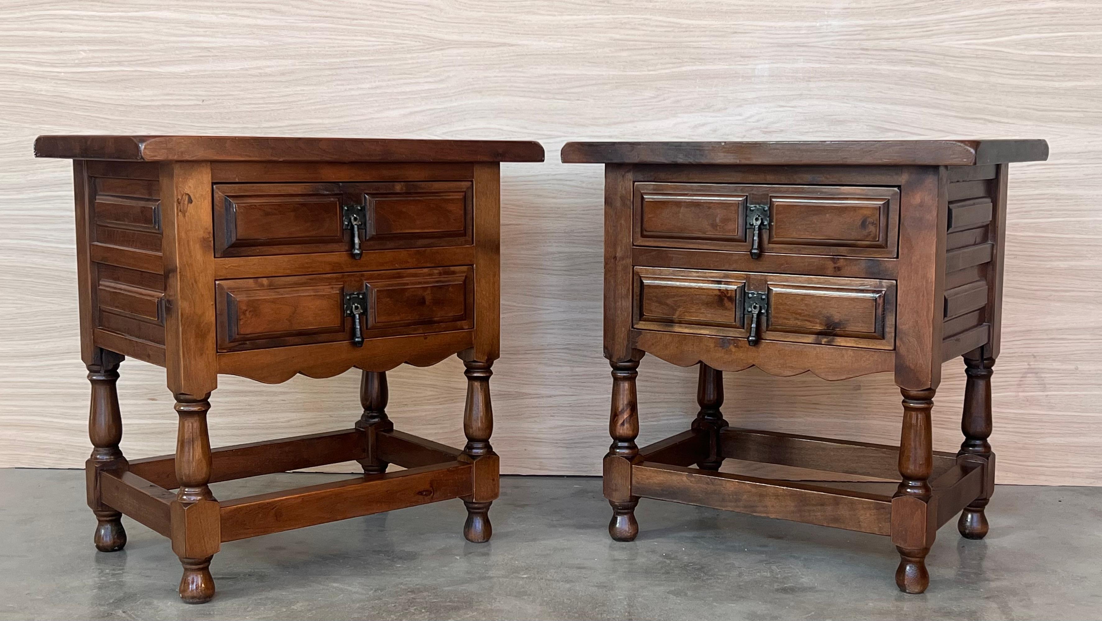 Carved 20th Century Spanish Nightstands with Two Drawers and Iron Hardware