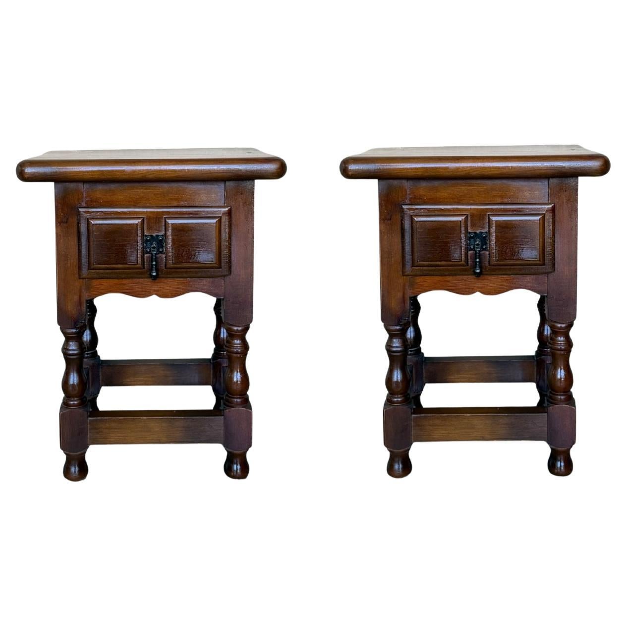 20th Century Spanish Nightstands with Drawer and Iron Hardware