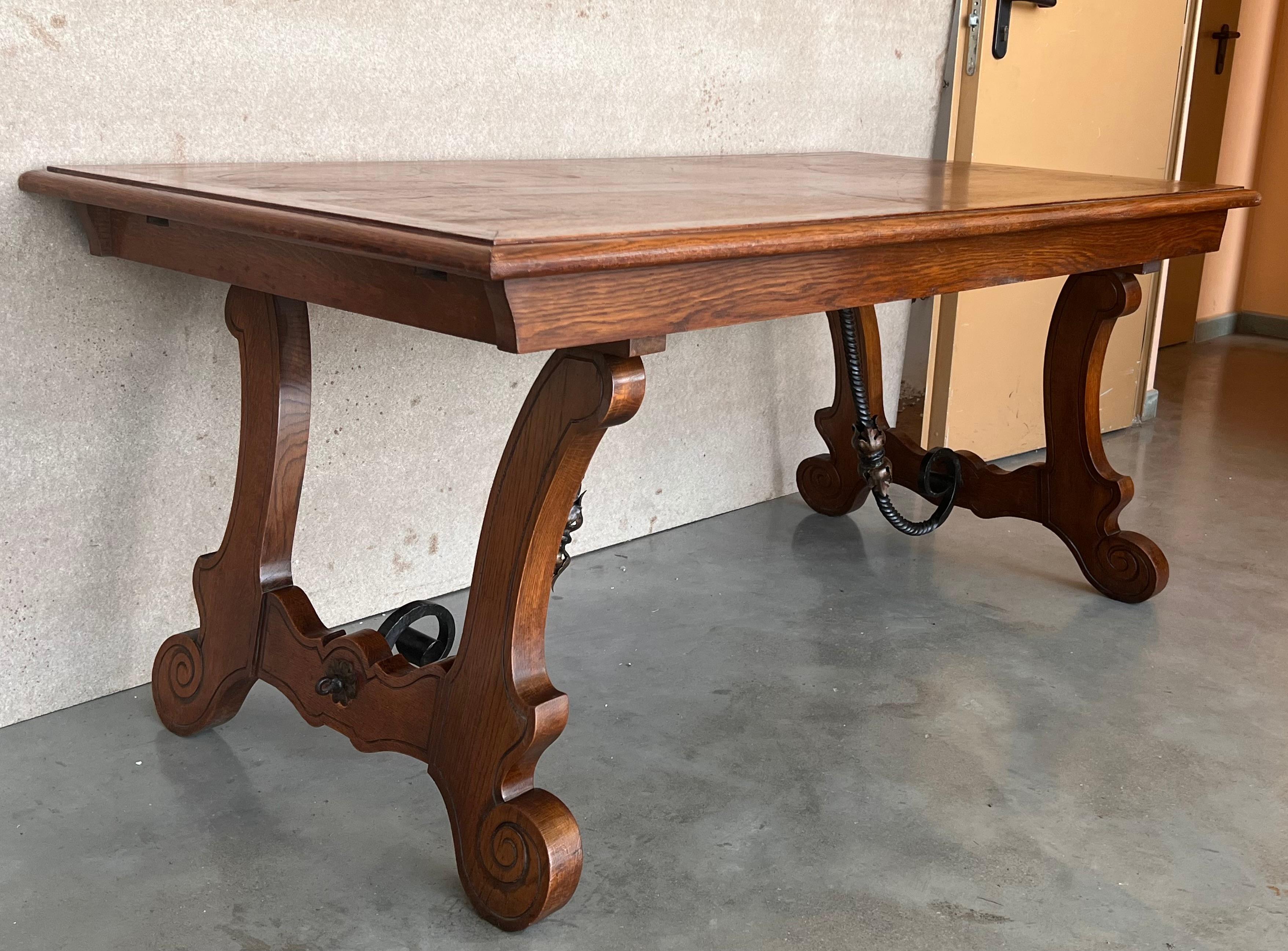 20th Century Spanish Oak Lyre Legs Trestle Dining Farm Table For Sale 6