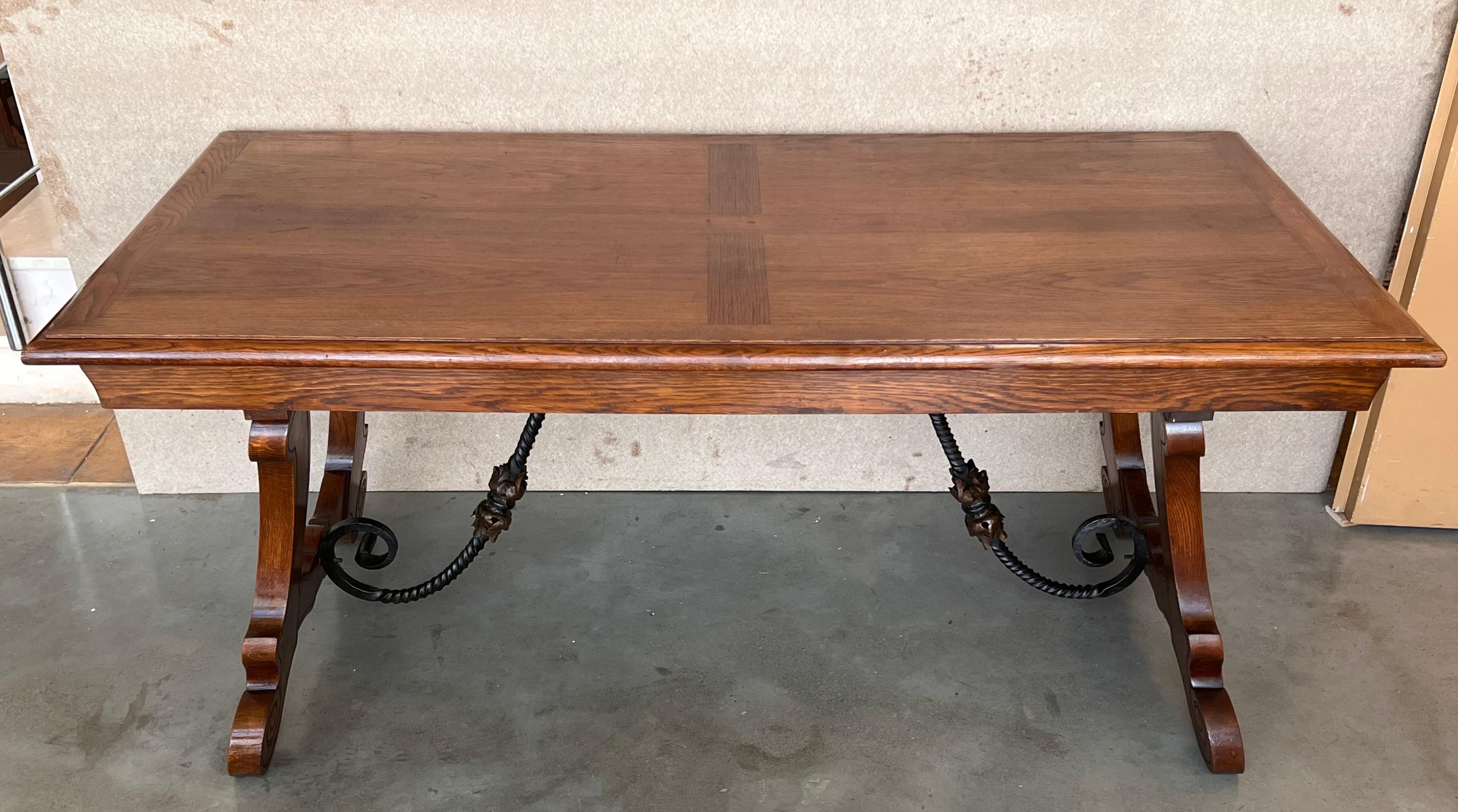20th Century Spanish Oak Lyre Legs Trestle Dining Farm Table For Sale 7