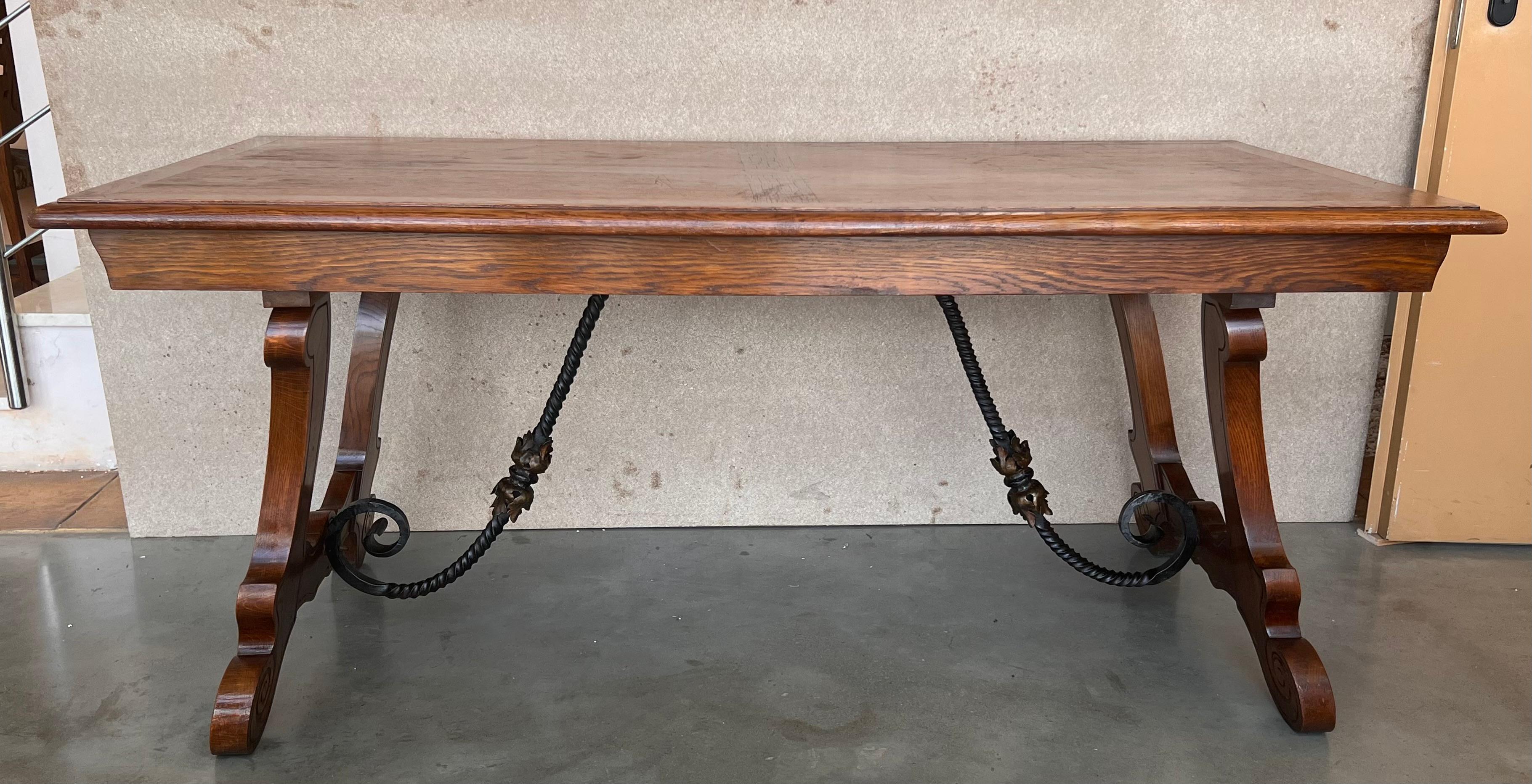 Baroque 20th Century Spanish Oak Lyre Legs Trestle Dining Farm Table For Sale