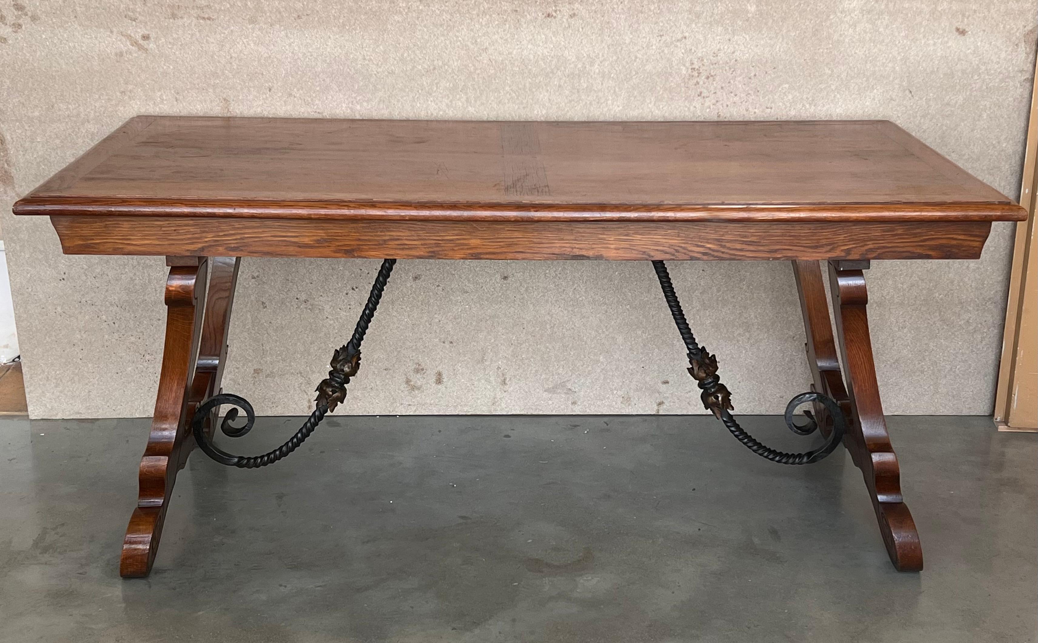 Early 20th Century 20th Century Spanish Oak Lyre Legs Trestle Dining Farm Table For Sale