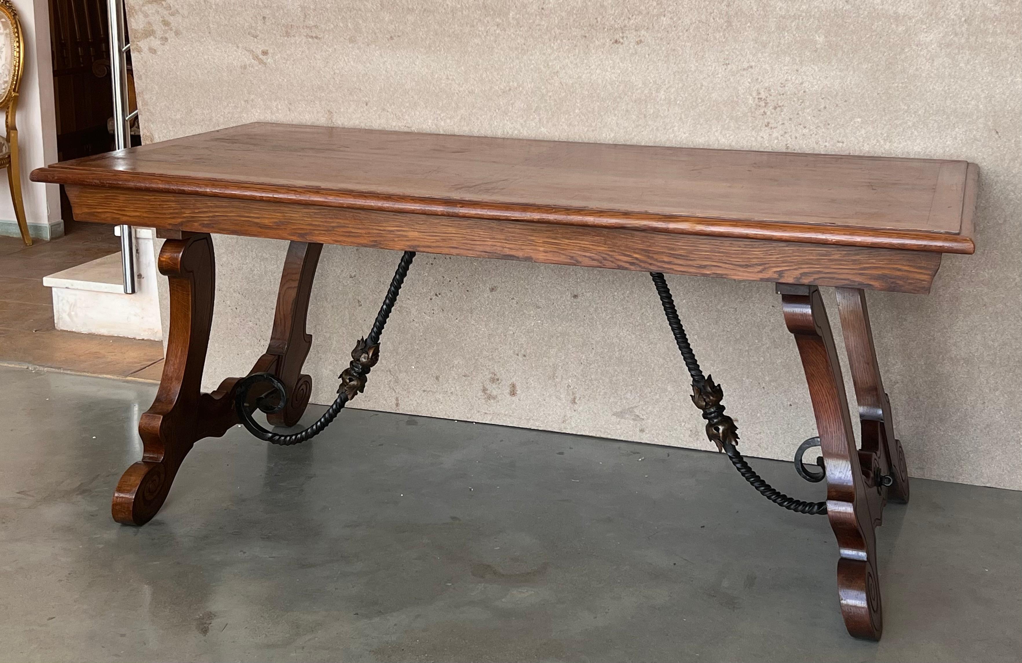 20th Century Spanish Oak Lyre Legs Trestle Dining Farm Table For Sale 1