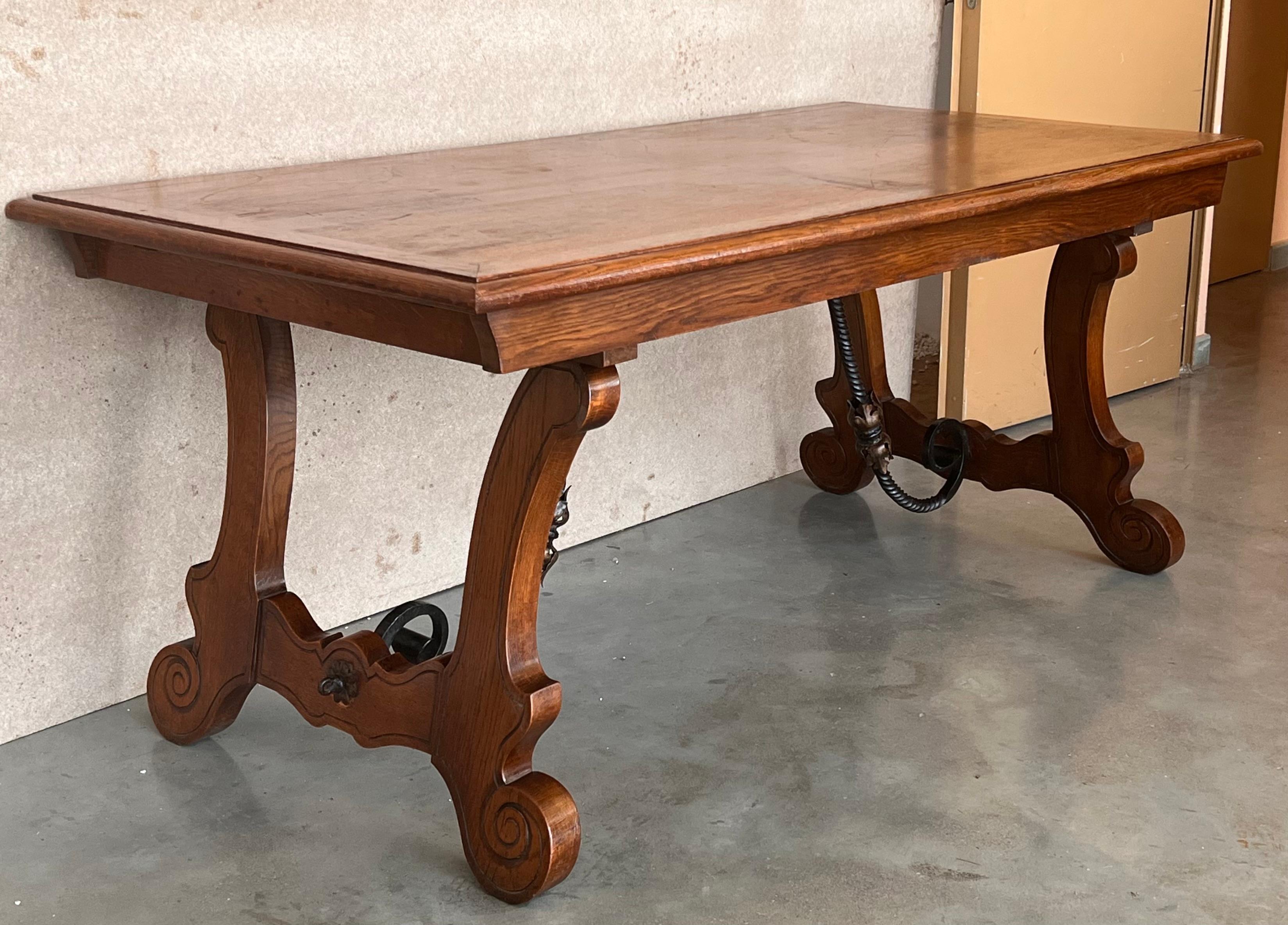 20th Century Spanish Oak Lyre Legs Trestle Dining Farm Table For Sale 2